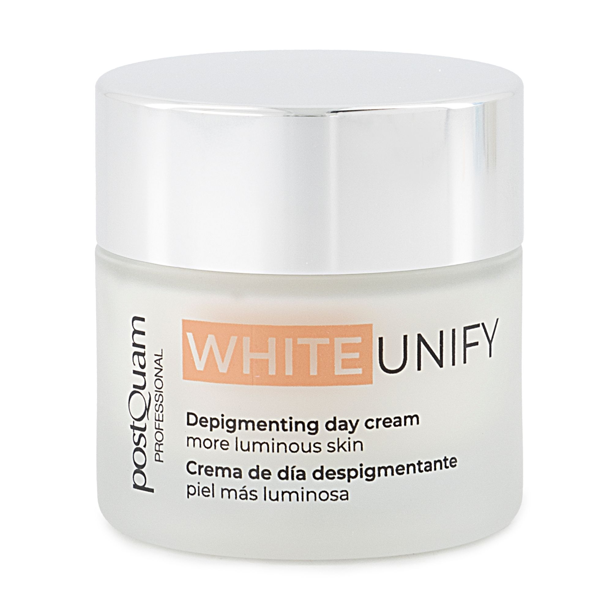 Creme-Tiegel mit silbernem Deckel. Aufschrift WHITE UNIFY, Depigmenting day cream, mehr leuchtende Haut. Marke Postquam.