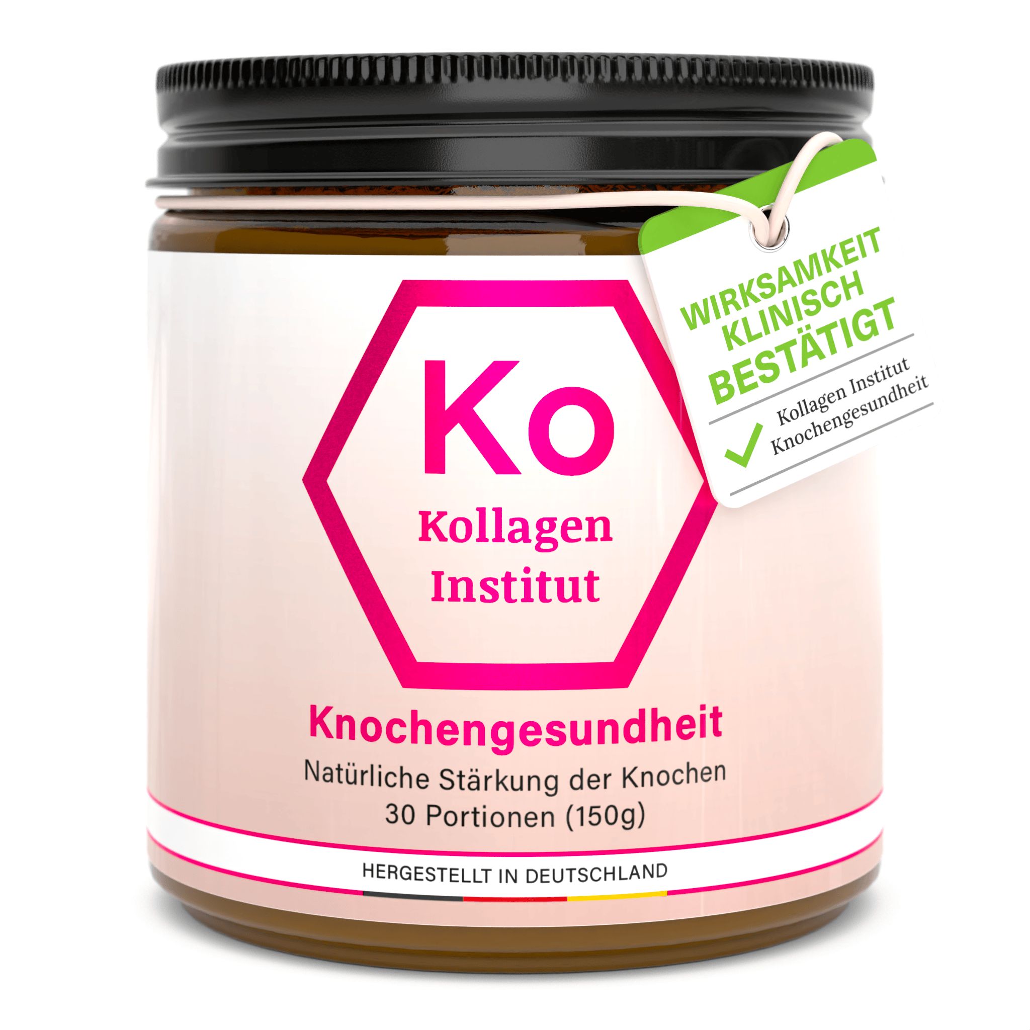 Kollagen Institut Dose mit Etikett. Enthält Informationen zur Knochengesundheit und 30 Portionen.