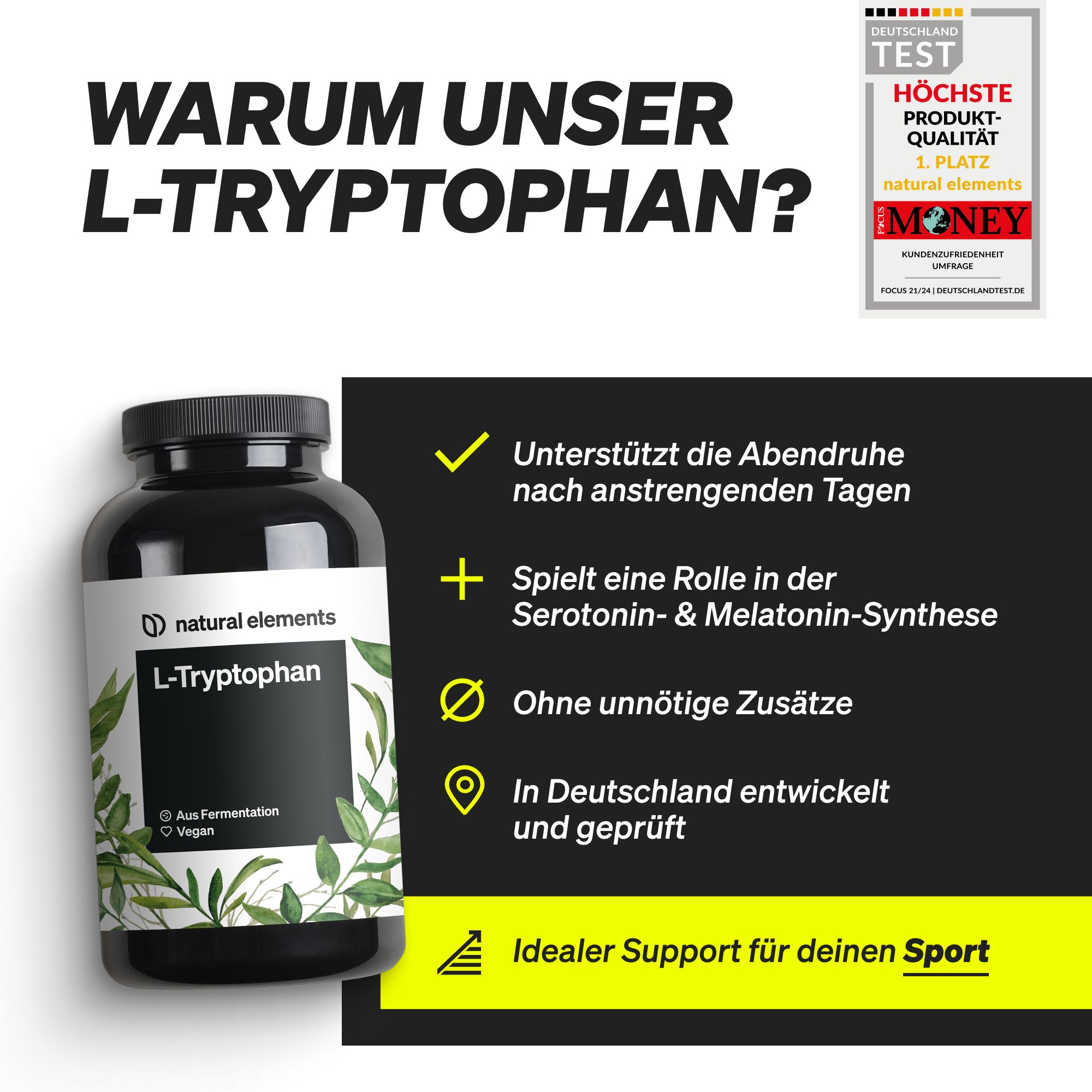 Produktflasche neben Text. Aufschrift: Warum unser L-Tryptophan? Unterstützt die Abendruhe. In Deutschland entwickelt und geprüft.