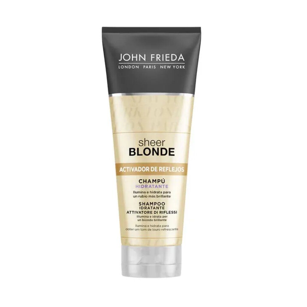 Shampoo-Tube von John Frieda Sheer Blonde. Schwarzer Deckel, goldfarbener Körper. Aufschrift: Activador de Reflejos Champú Hidratante.