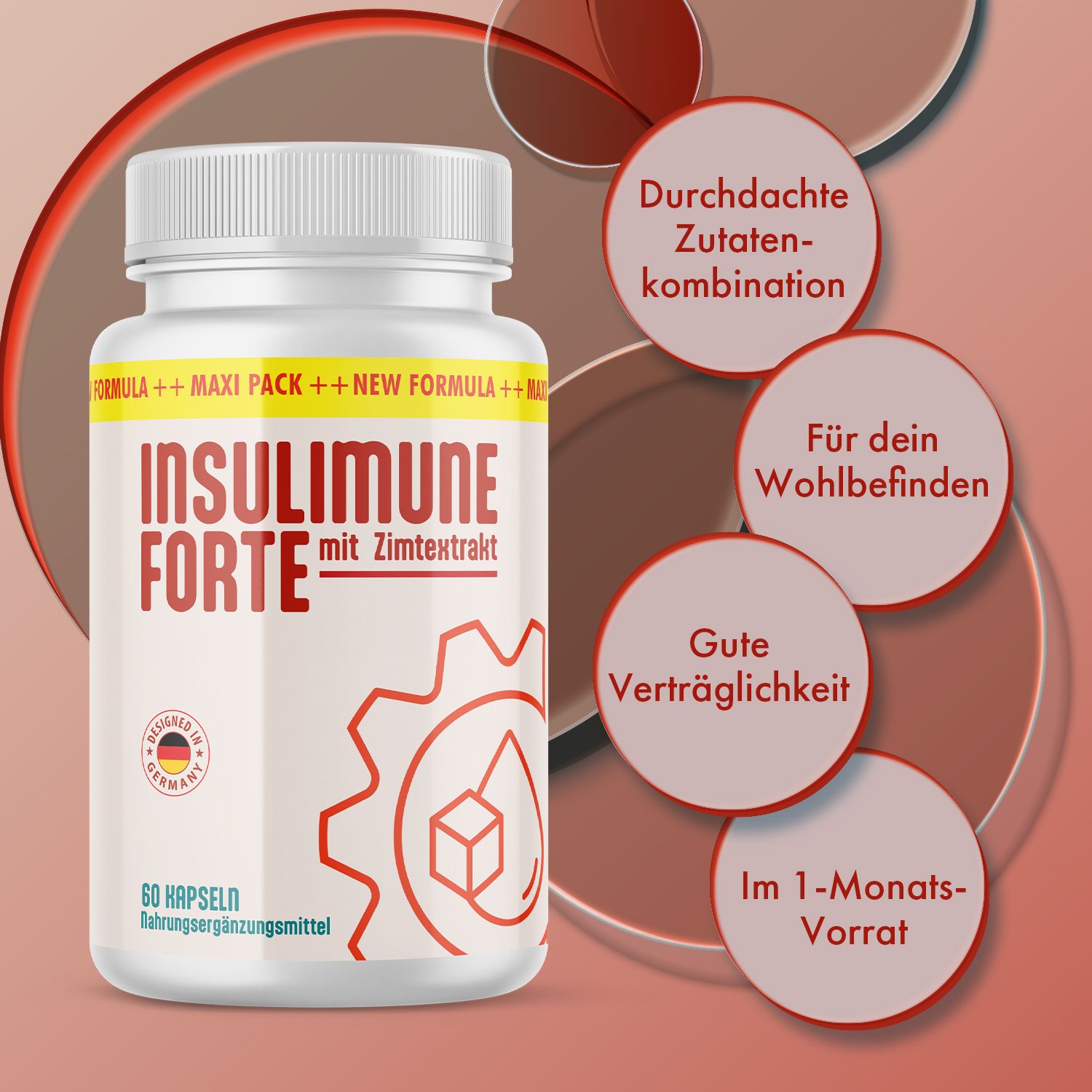 Weiße Kapsel-Dose mit roter und gelber Beschriftung. Aufschrift: INSULIMUNE FORTE mit Zimtextrakt. 60 Kapseln. Zusätzliche Textfelder.