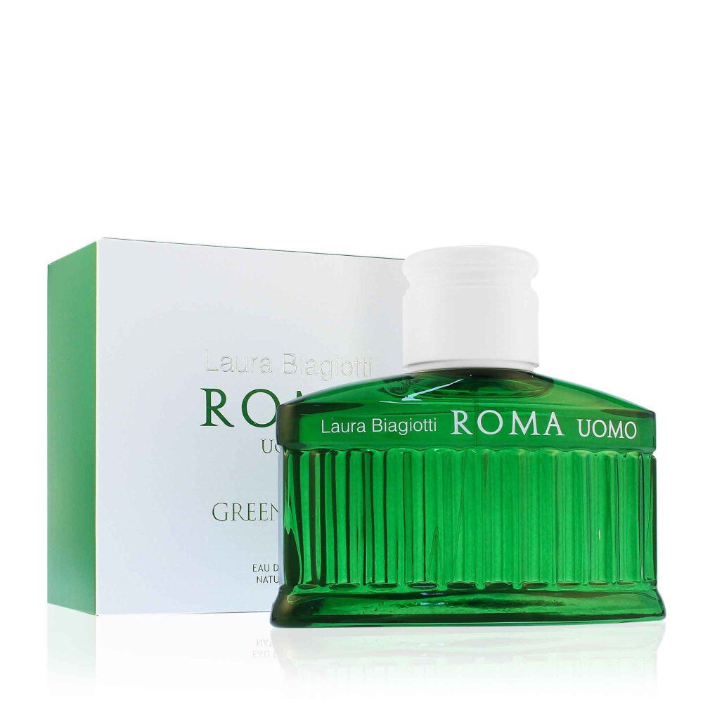 Grüne Glasflasche und Verpackung. Aufschrift: Laura Biagiotti ROMA UOMO Green Swing.