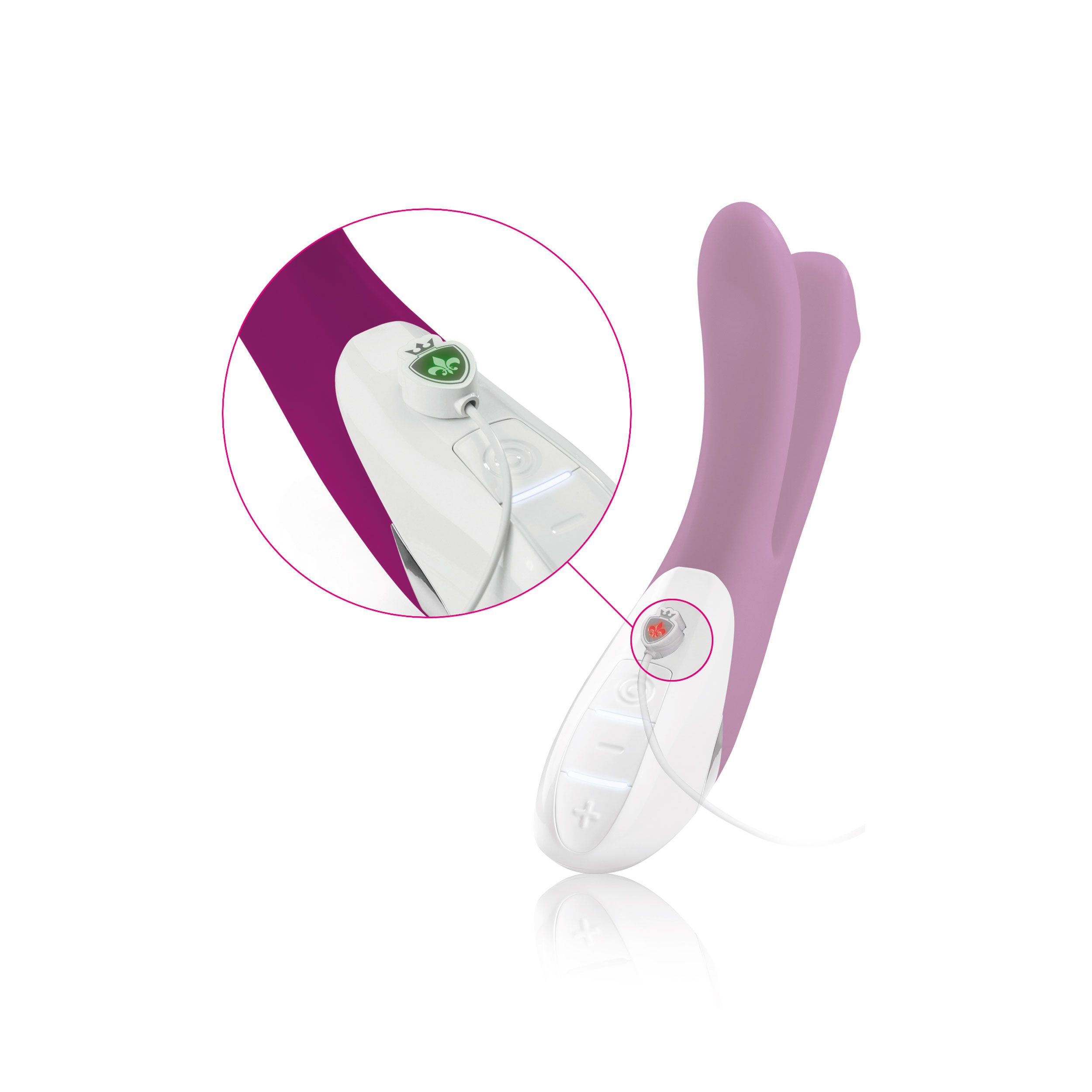 Vibrator mit zwei Armen. Weißes Bedienfeld mit Knöpfen. Lila und weiß.