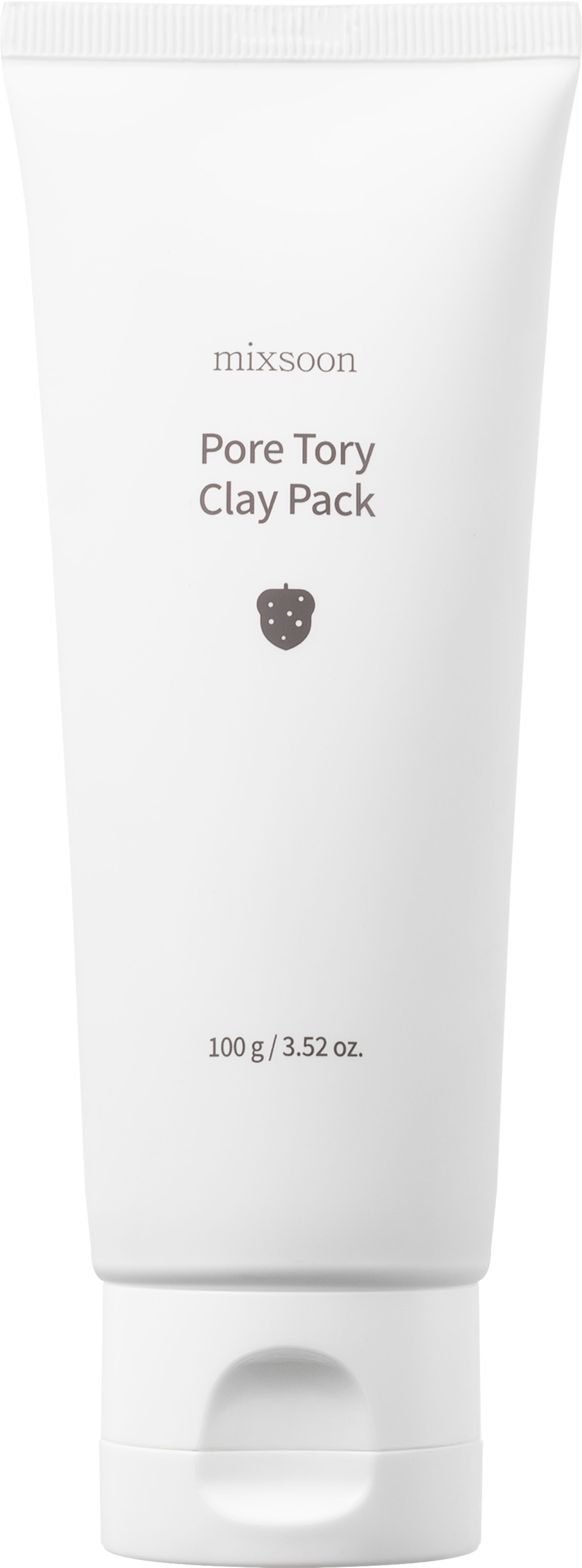 Weiße Tube mit Produktnamen und Logo. Text: Pore Tory Clay Pack, 100 g / 3.52 oz.