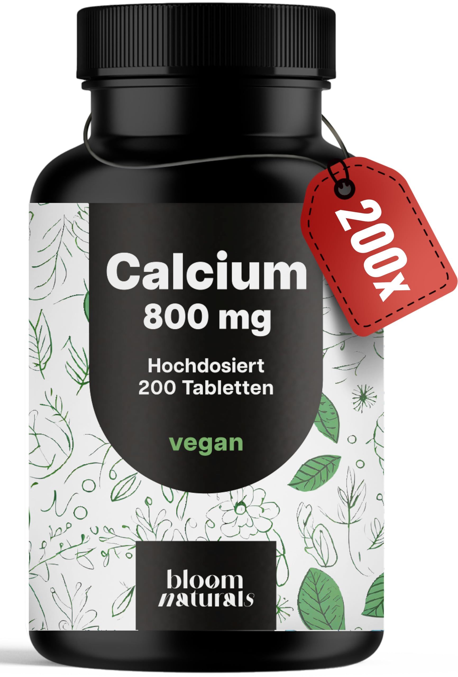 Schwarze Dose mit Calcium 800 mg, 200 Tabletten, vegan. Bloom Naturals.