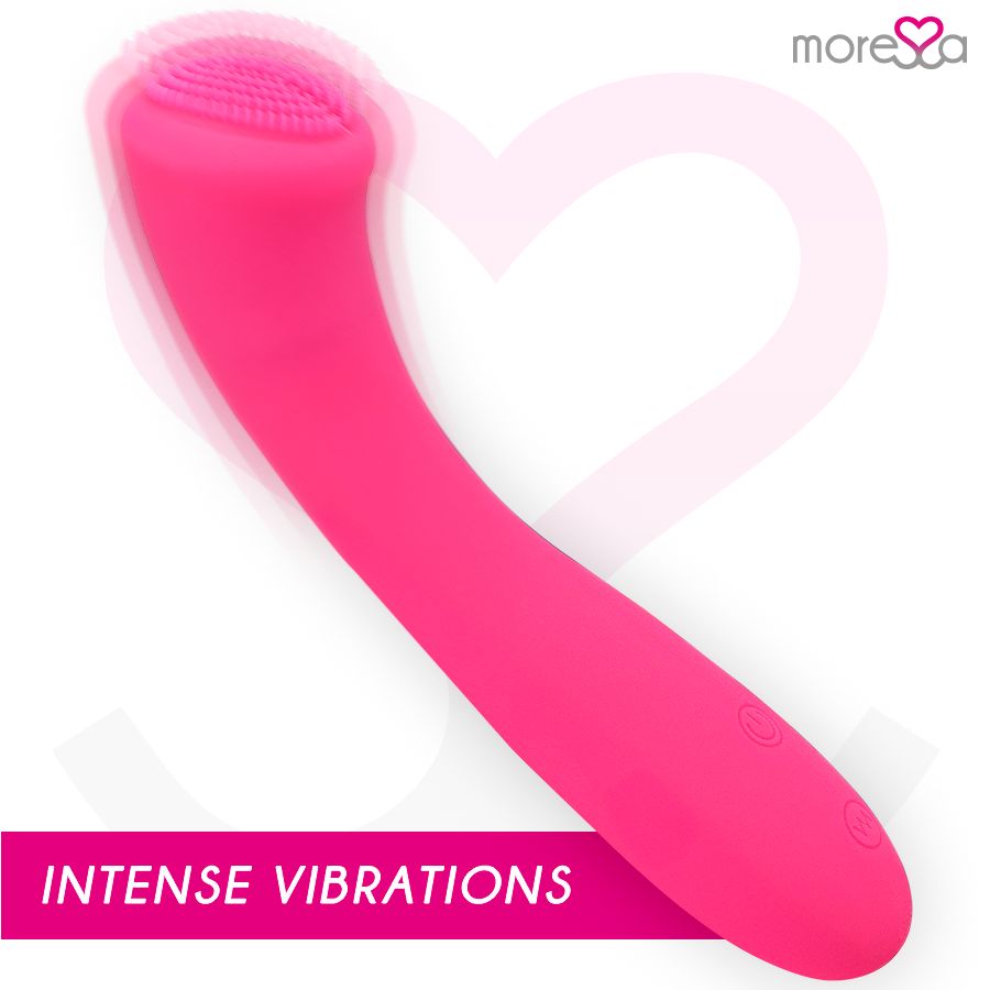 Pinkfarbenes Silikon-Produkt mit abgerundetem Kopf und Bedienknöpfen. Text: Intense Vibrations. Marke: Moressa.