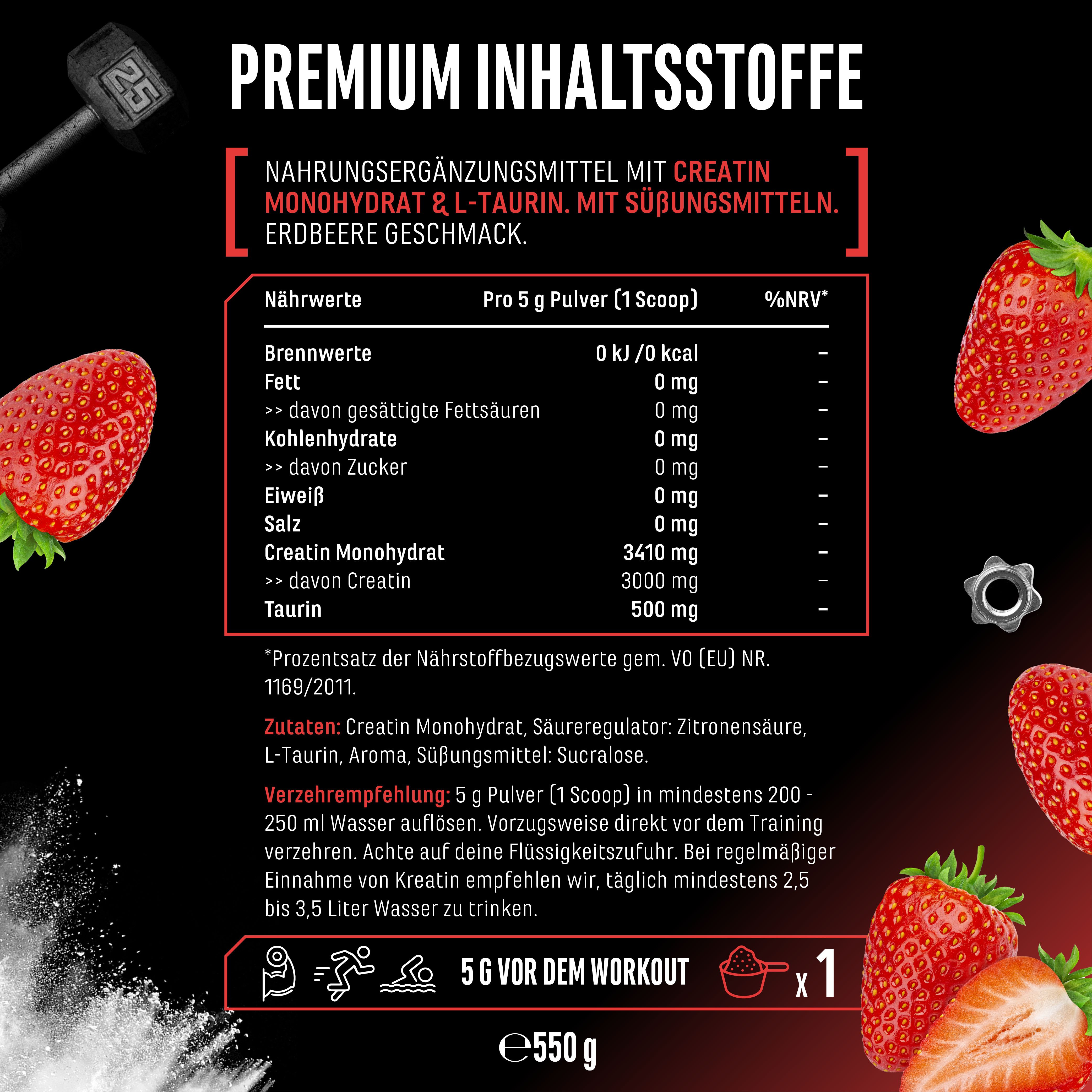 Nährwerttabelle für FLAVOURED CREATINE+. Enthält Creatin Monohydrat und L-Taurin. Erdbeergeschmack.