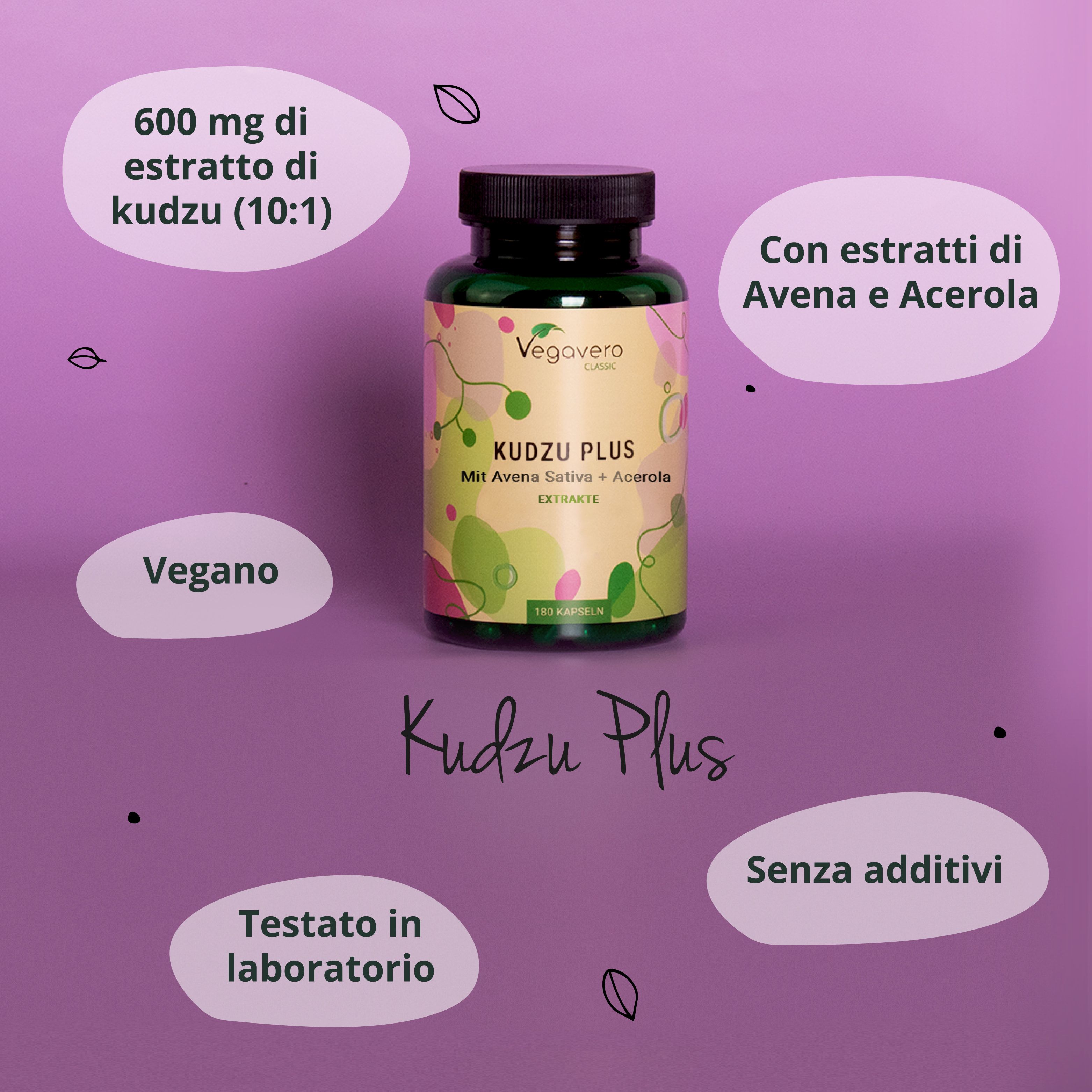 Flacone Kudzu Plus. Con 600 mg di estratto di Kudzu. Con Avena e Acerola. Vegano. Testato in laboratorio.