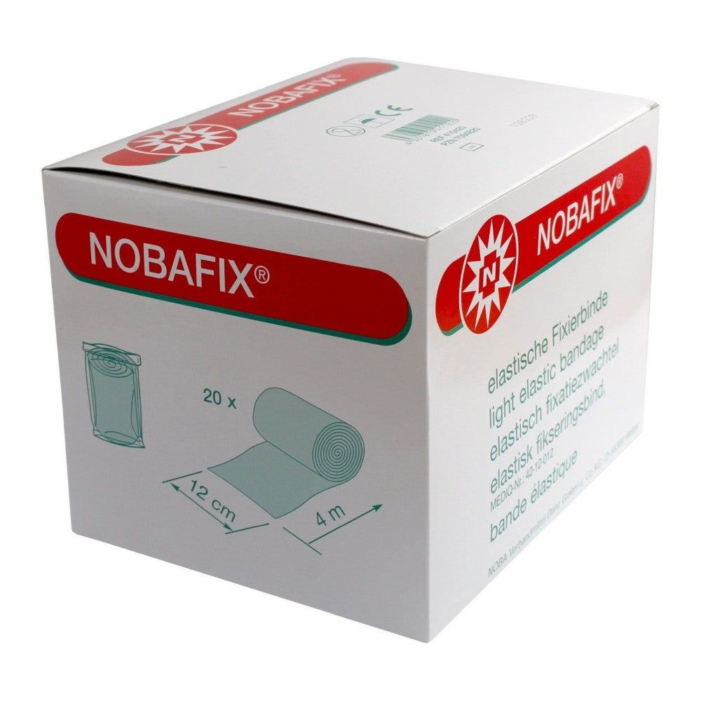 Verpackung mit NOBAFIX Fixierbinden. Box mit 20 Stück, 4 m x 12 cm. Aufdrucke: elastische Fixierbinde, light elastic bandage.