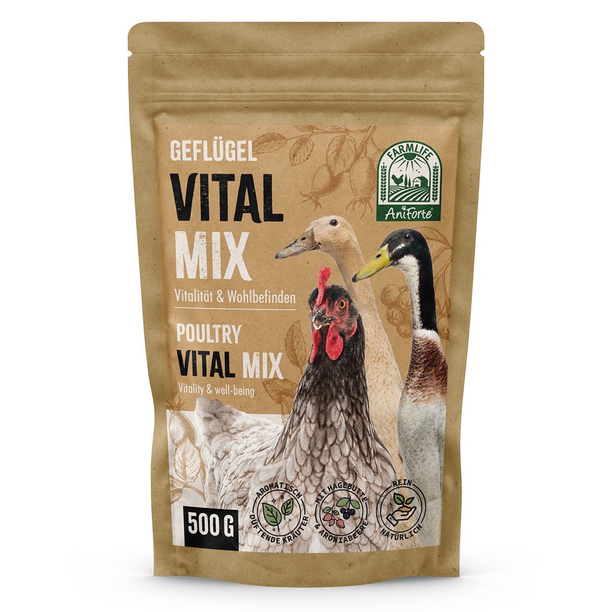 Beutel mit Geflügel Vital Mix. Aufdrucke: Vital Mix, 500g, AniForte Logo, Abbildungen von Geflügel.