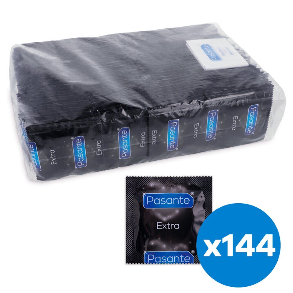 Verpackung mit Kondomen und Einzelverpackung. Aufdruck: Pasante Extra. x144.