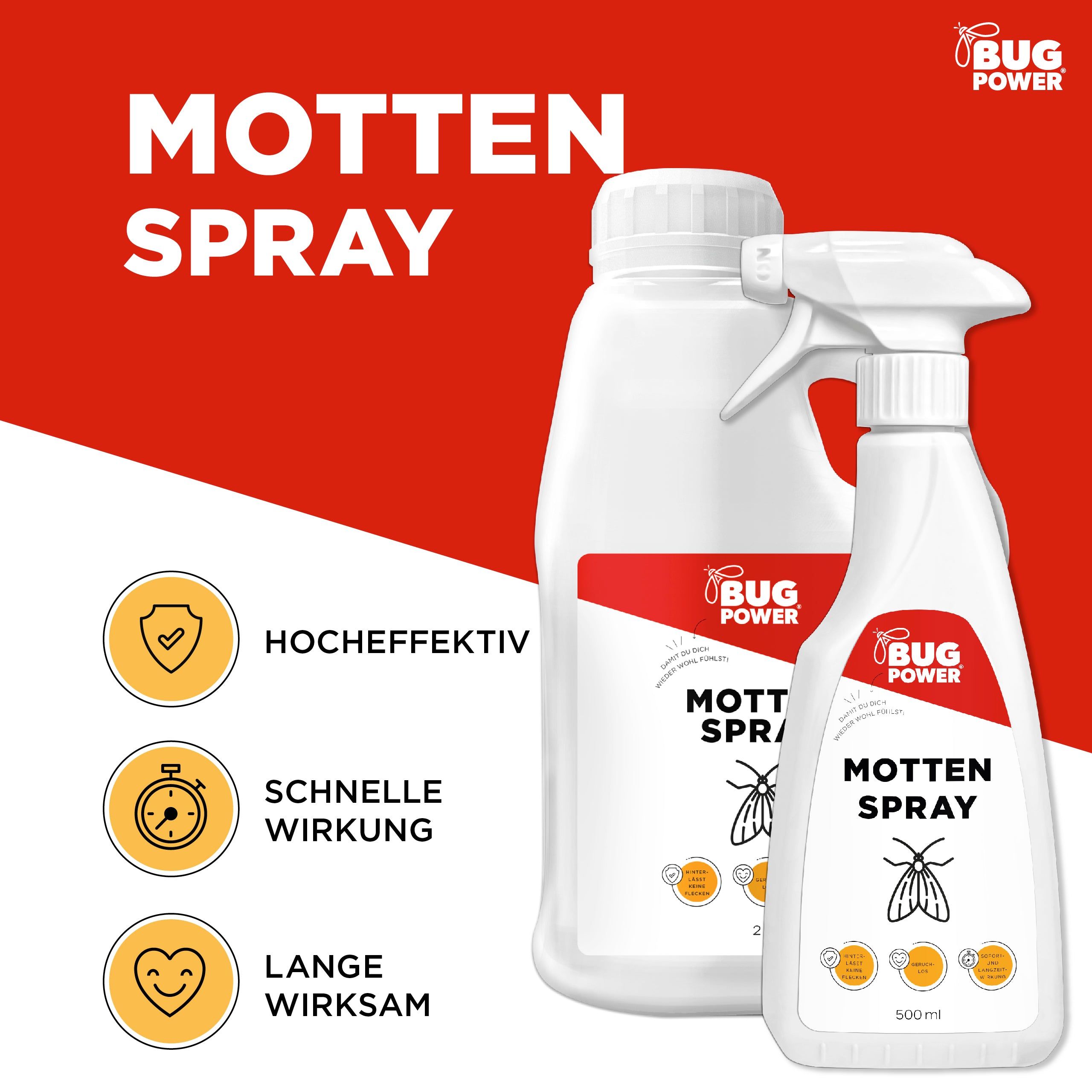 Zwei weiße Flaschen mit rotem Etikett. Auf dem Etikett steht "BUG POWER MOTTEN SPRAY". Eine Flasche hat einen Sprühkopf, die andere einen Schraubverschluss. Symbole: Schutzschild, Uhr, Herz.