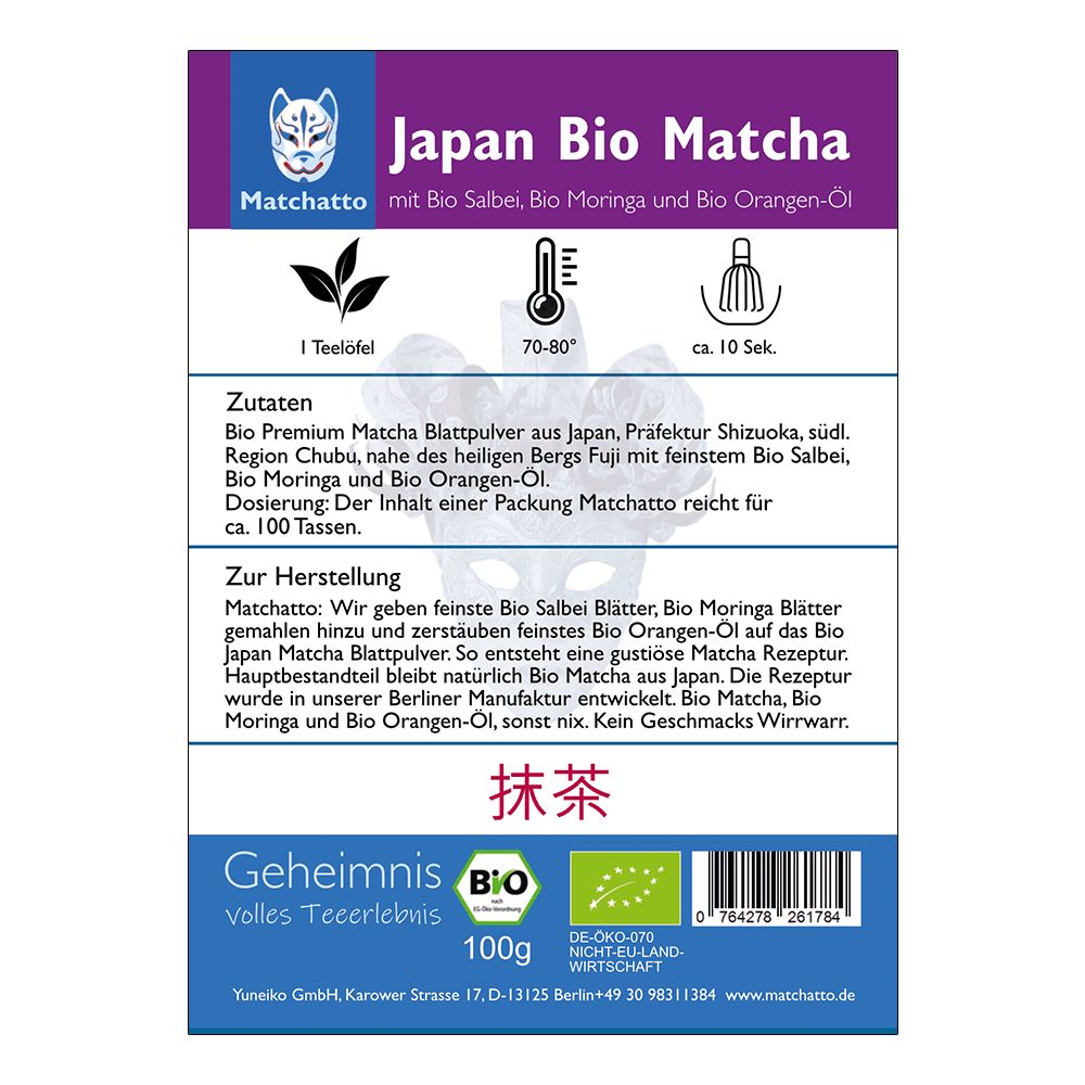 Rückseite der Matchatto Matcha Tee Salbei mit Orange Bio Verpackung. Text mit Zutaten, Zubereitung und Bio-Siegel.