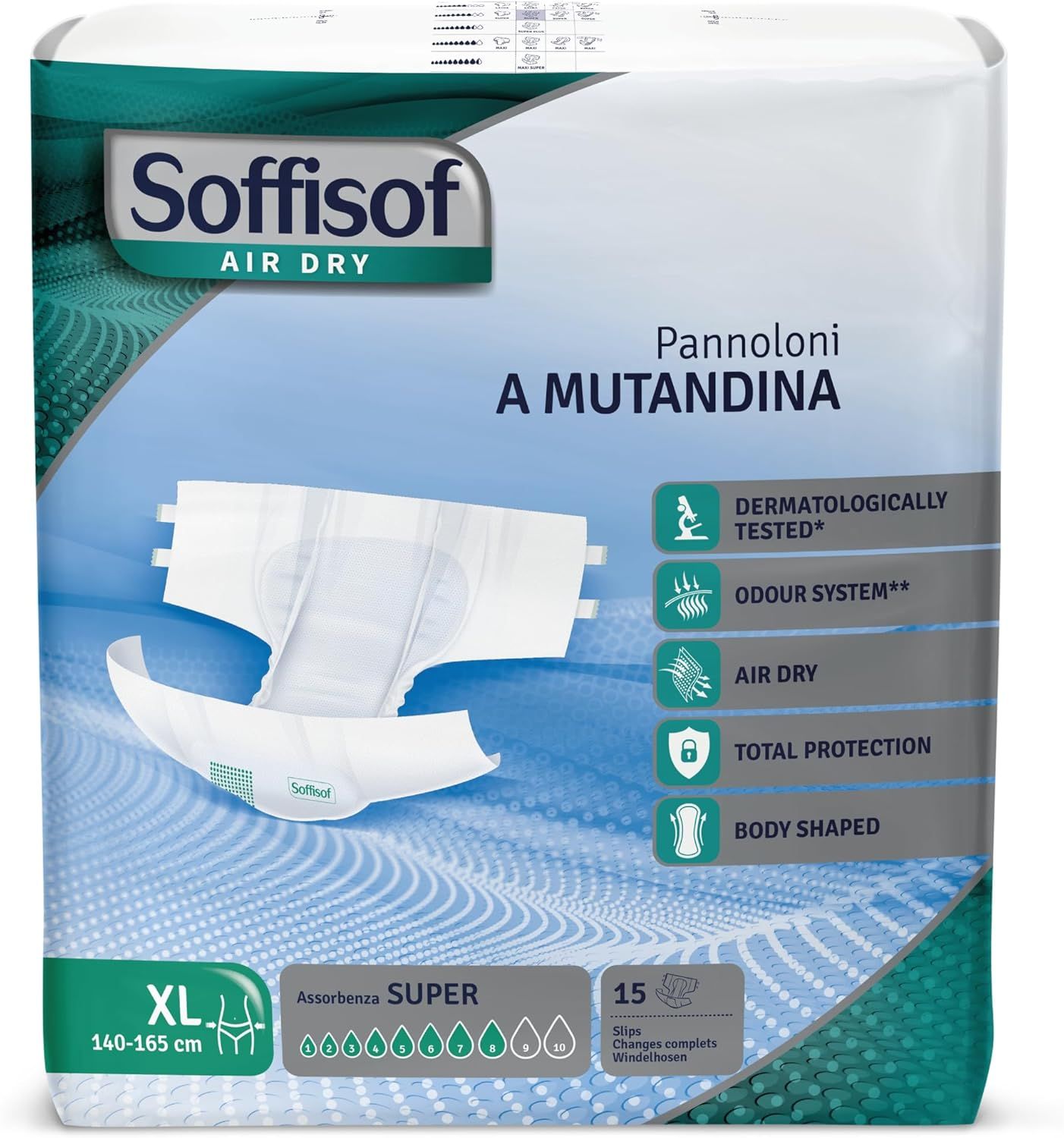 Verpackung mit Soffisof Air Dry Windeln für Erwachsene Super, XL-Größe. Enthält 15 Stück. Merkmale: dermatologisch getestet, Geruchssystem, Air Dry.