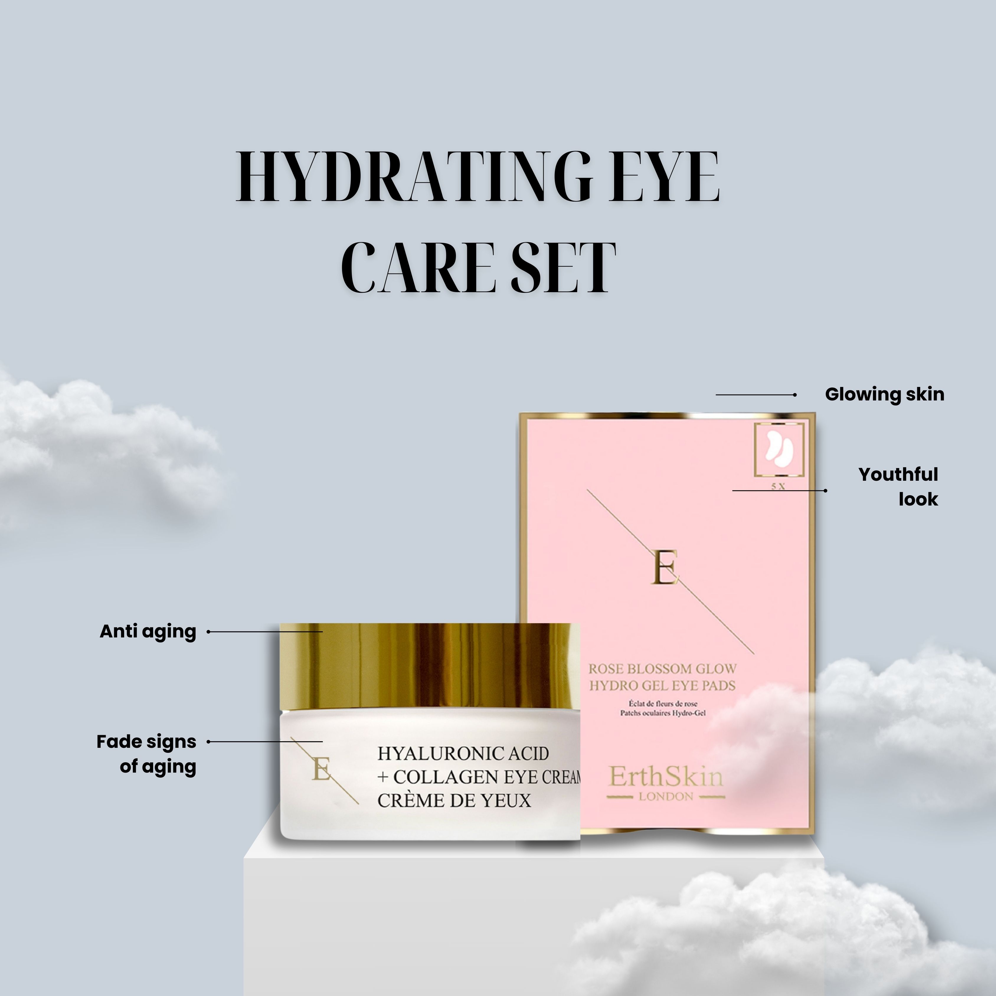 Augencreme-Behälter und Augenpads-Verpackung. Aufschrift: Hyaluronsäure + Collagen Eye Cream, Crème de Yeux. Rosa Verpackung mit Aufschrift: Rose Blossom Glow Hydro Gel Eye Pads.