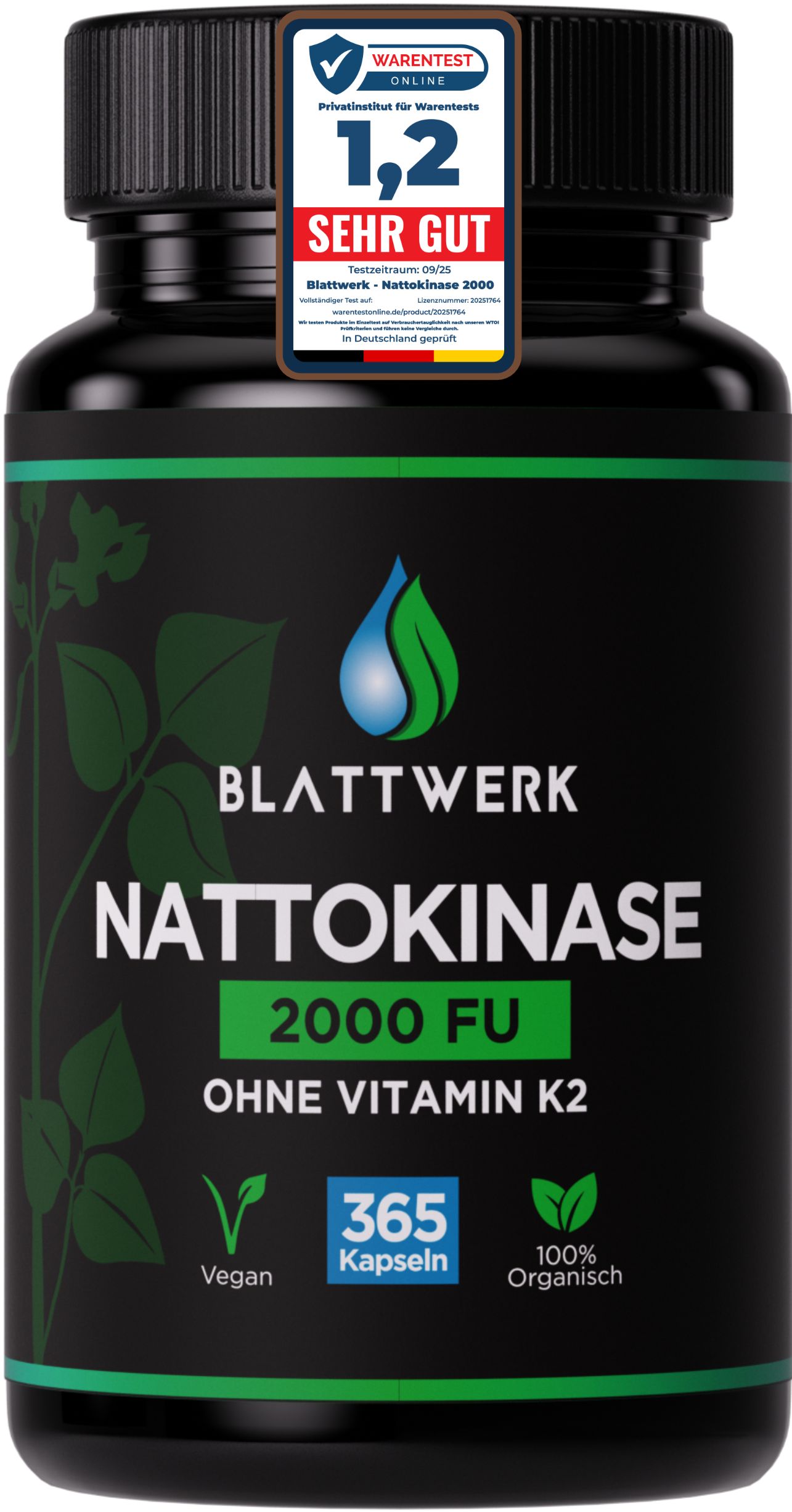 Schwarze Dose Nattokinase 2000 FU, 365 Kapseln, vegan, 100% organisch.