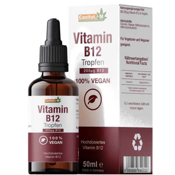Braune Glasflasche mit Tropfer und Karton. Aufschrift: Vitamin B12 Tropfen, 200µg B12, 100% Vegan. Verpackung mit Inhaltsangaben.