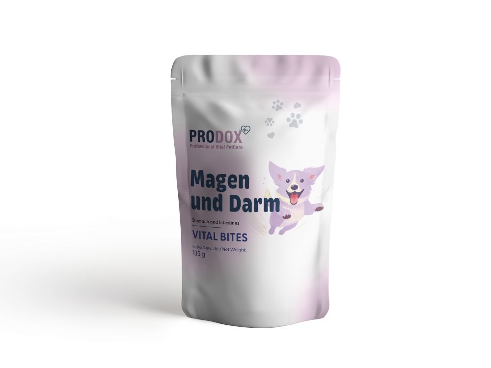 PRODOX Vital Bites Magen und Darm. Beutel mit Produktabbildung und Logo. Aufdruck: Vital Bites, 120g.