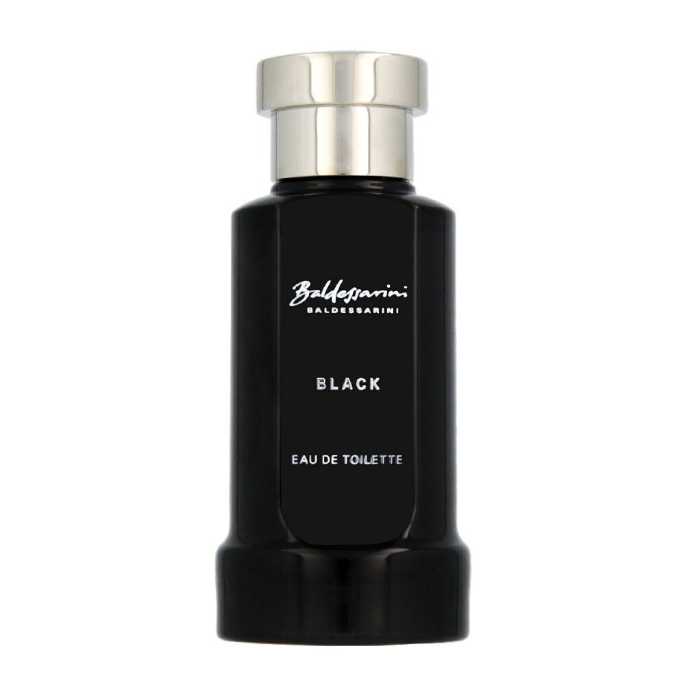 Schwarzer Baldessarini Black Eau de Toilette Flakon mit silbernem Verschluss.