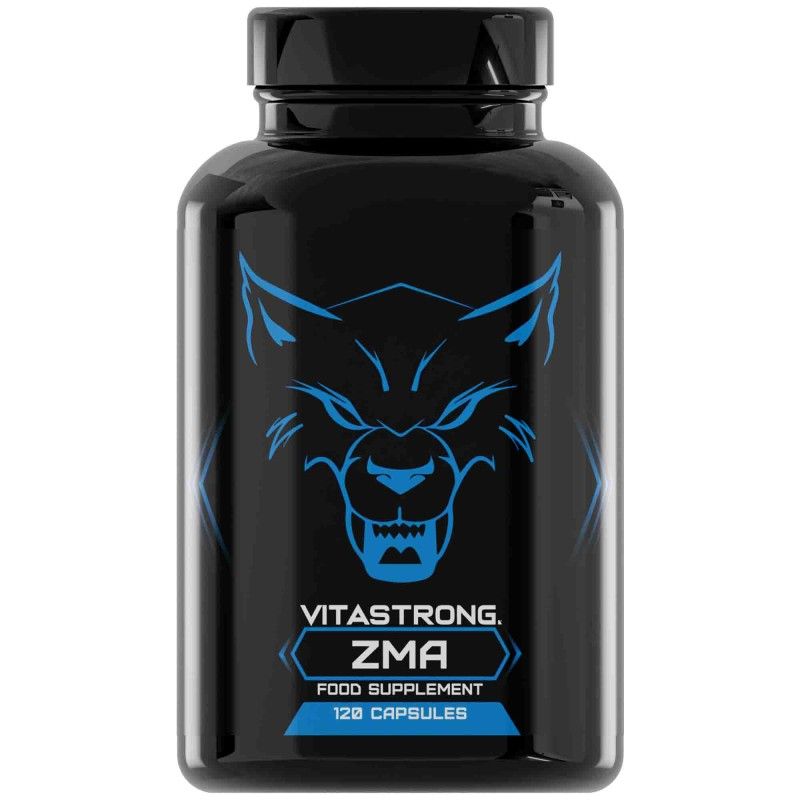 Schwarze Flasche mit blauer Aufschrift und Wolfslogo. Enthält 120 Kapseln. Produktname: ZMA.