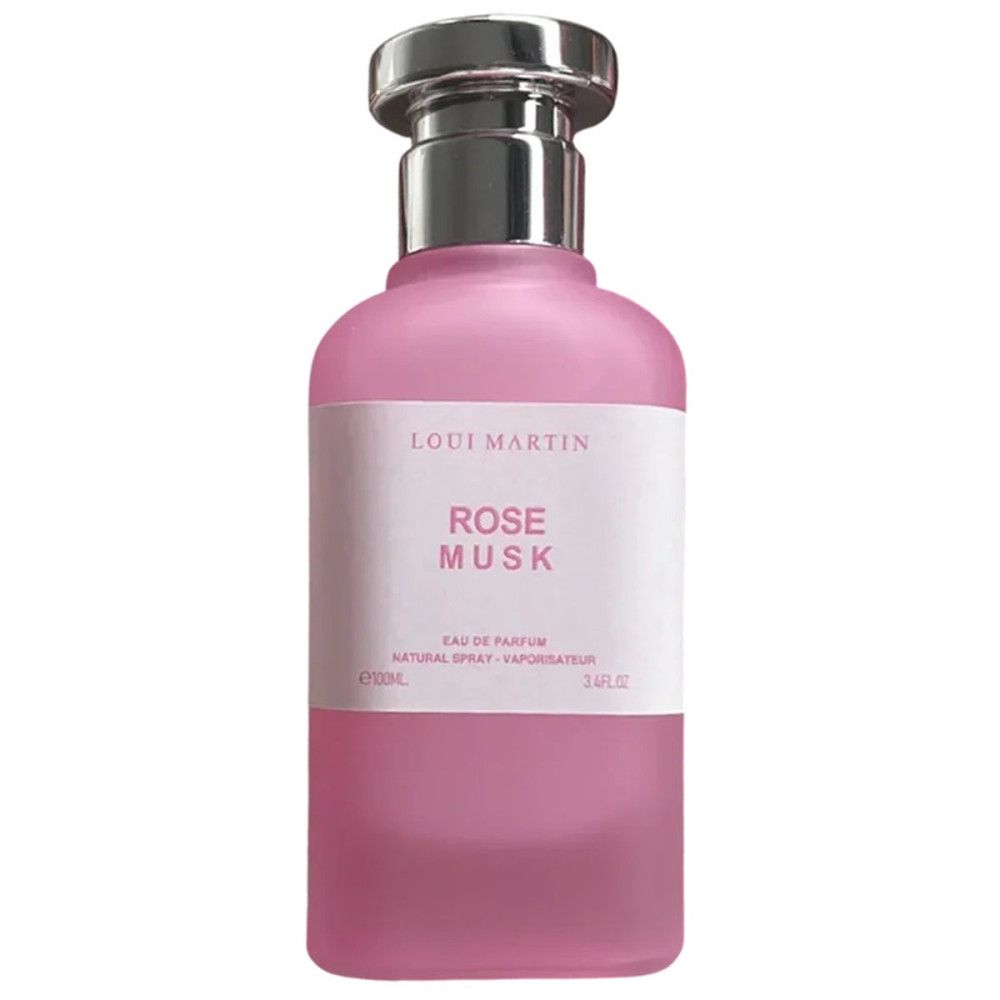 Rosafarbene Flasche mit silbernem Verschluss. Etikett mit "Rose Musk" und "Loui Martin".