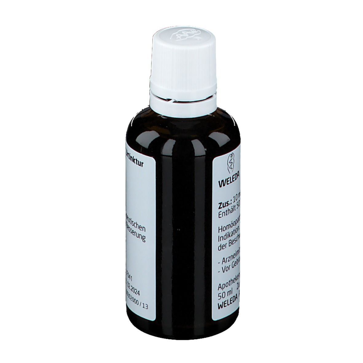 Braune Glasflasche mit weißem Deckel. Beschriftung: Weleda. Zus.: 10 ml enth. Absinthium, ethanol. Infusum.