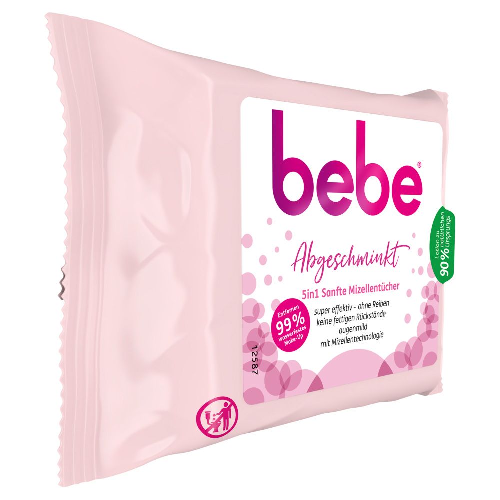 Rosa Verpackung mit "bebe" Logo und Schriftzug "Abgeschminkt". Enthält Mizellentücher. 99% Inhaltsstoffe natürlichen Ursprungs.