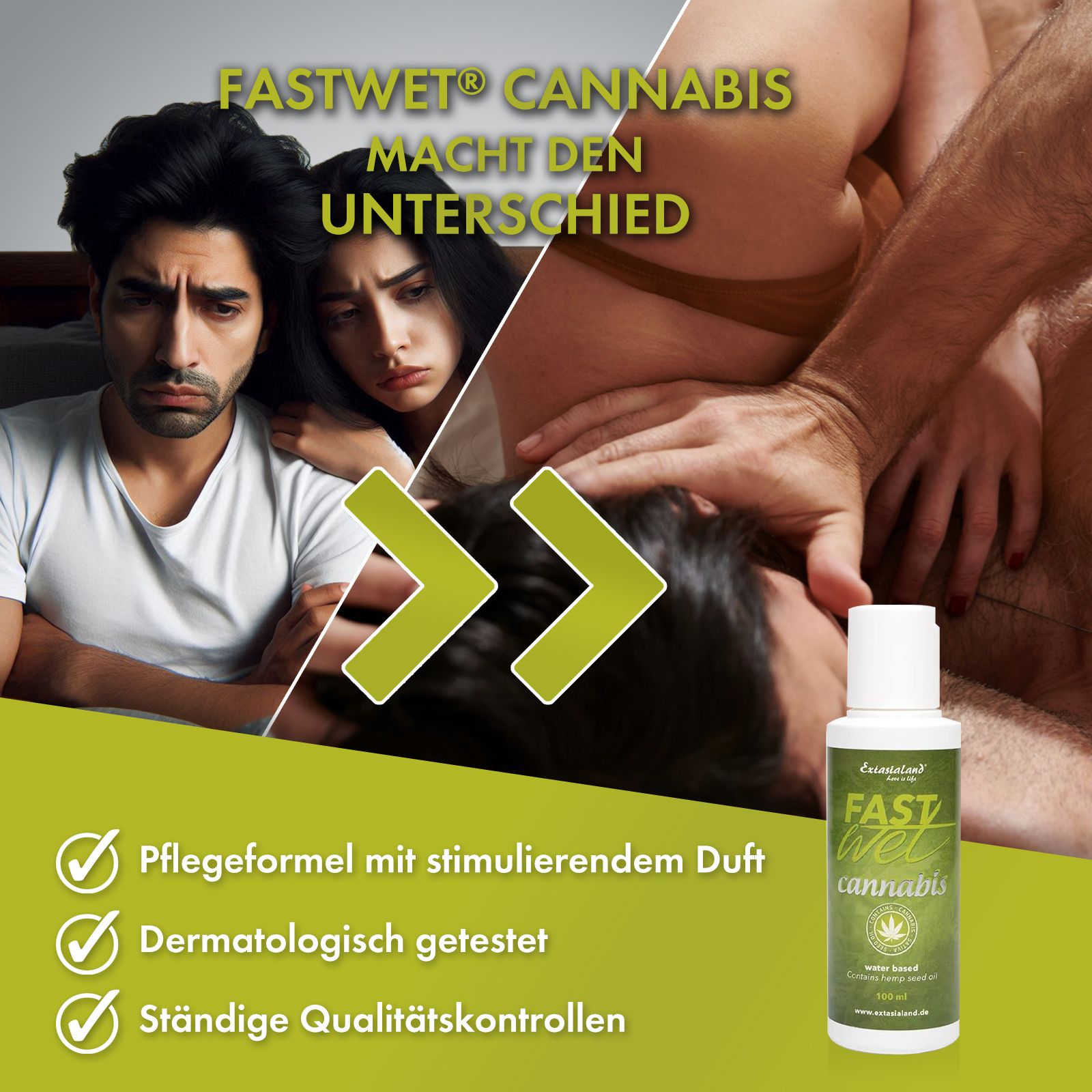 Zwei Flaschen mit gelber Flüssigkeit, daneben Hanfsamen. Produktflasche: Fast Wet Cannabis.