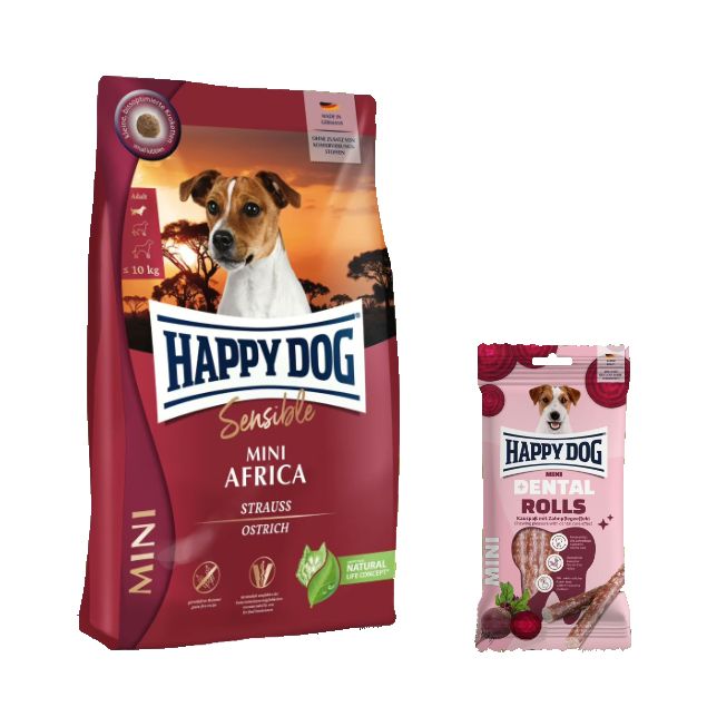 Happy Dog Sensible Mini Africa + Dental Rolls für Hunde 4,1 kg