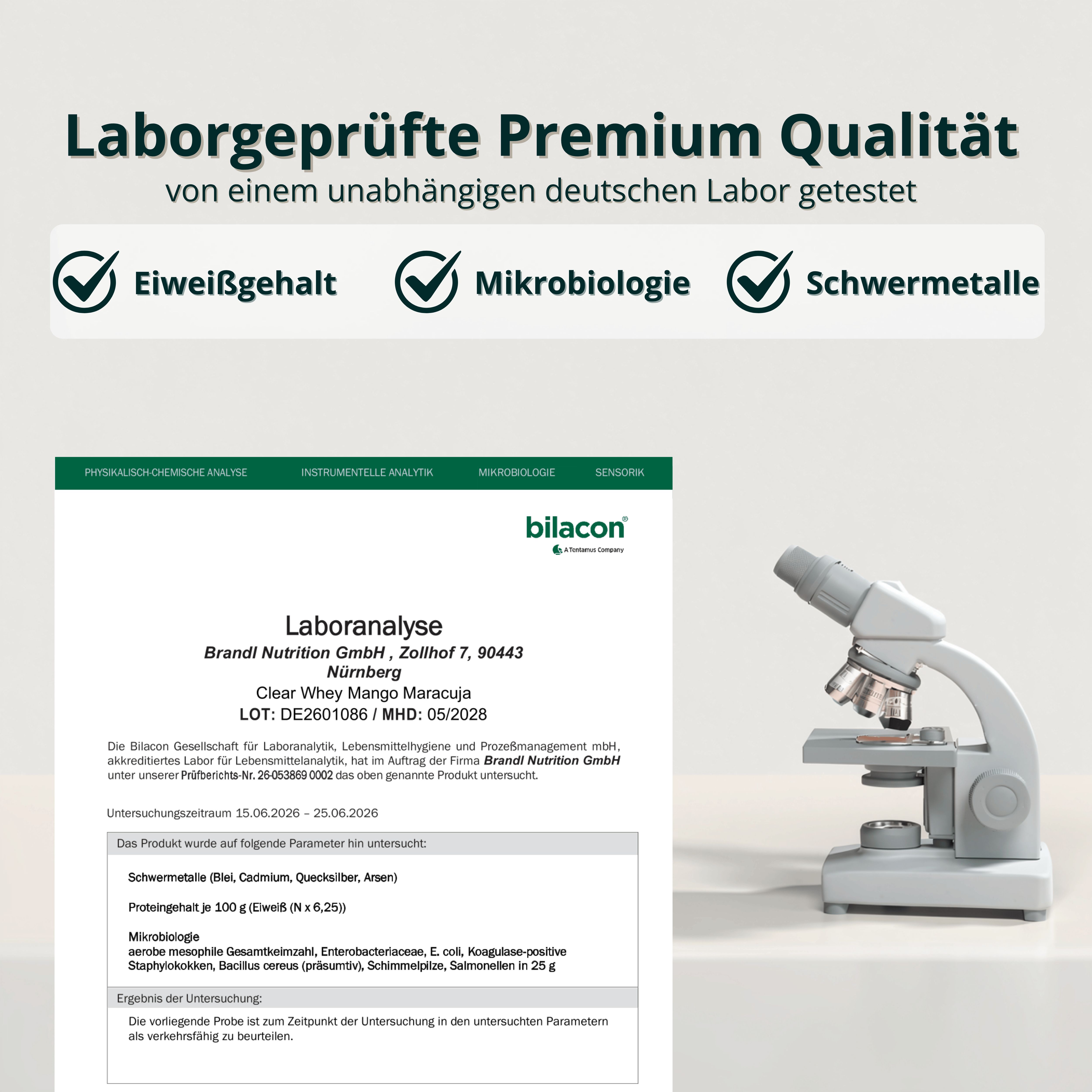 Laborbericht über Brandl Clear Whey Isolate neben einem Mikroskop.