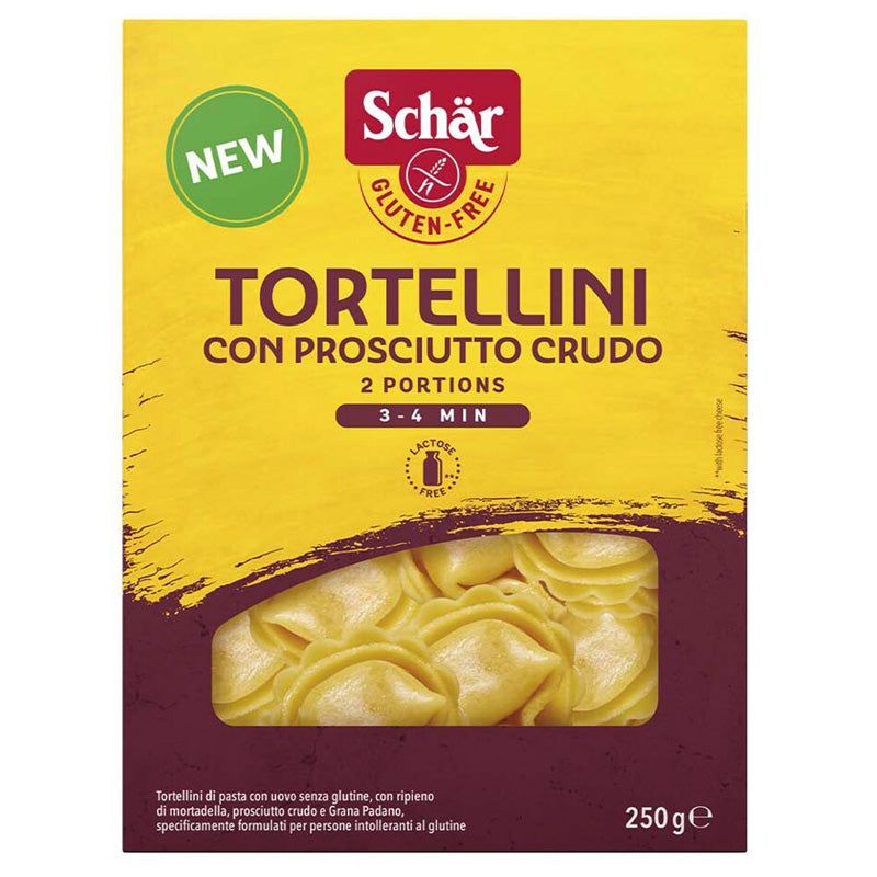 Verpackung mit Tortellini Con Prosciutto Crudo. Glutenfrei, laktosefrei. Marke Schär. 2 Portionen, 250g.