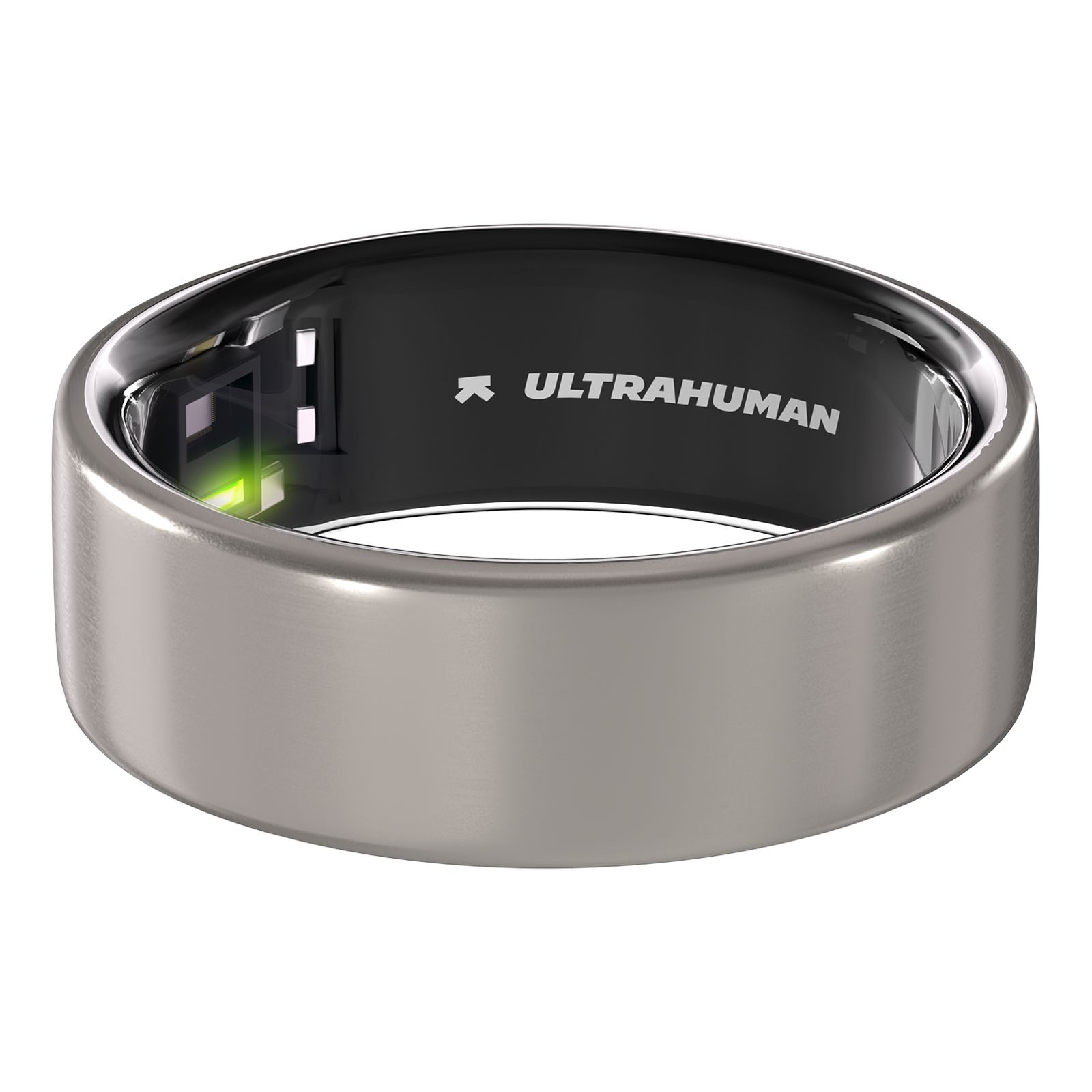 Ring aus Metall. Innen schwarz mit weißem Schriftzug ULTRAHUMAN. Grün leuchtende Elemente.