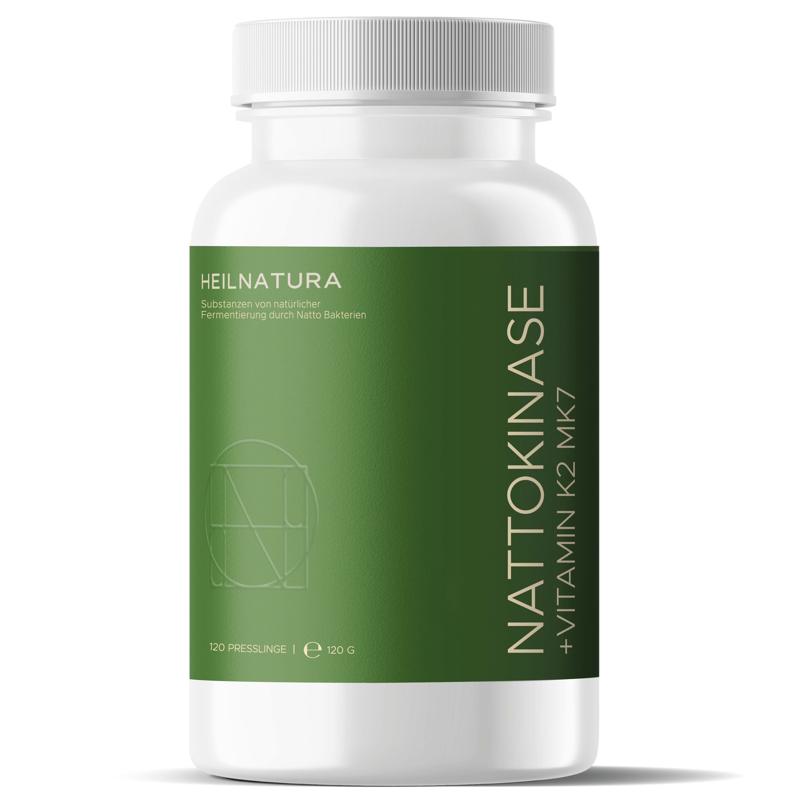 Weiße Dose mit grünem Etikett: Nattokinase + Vitamin K2 MK7, 120 Presslinge.