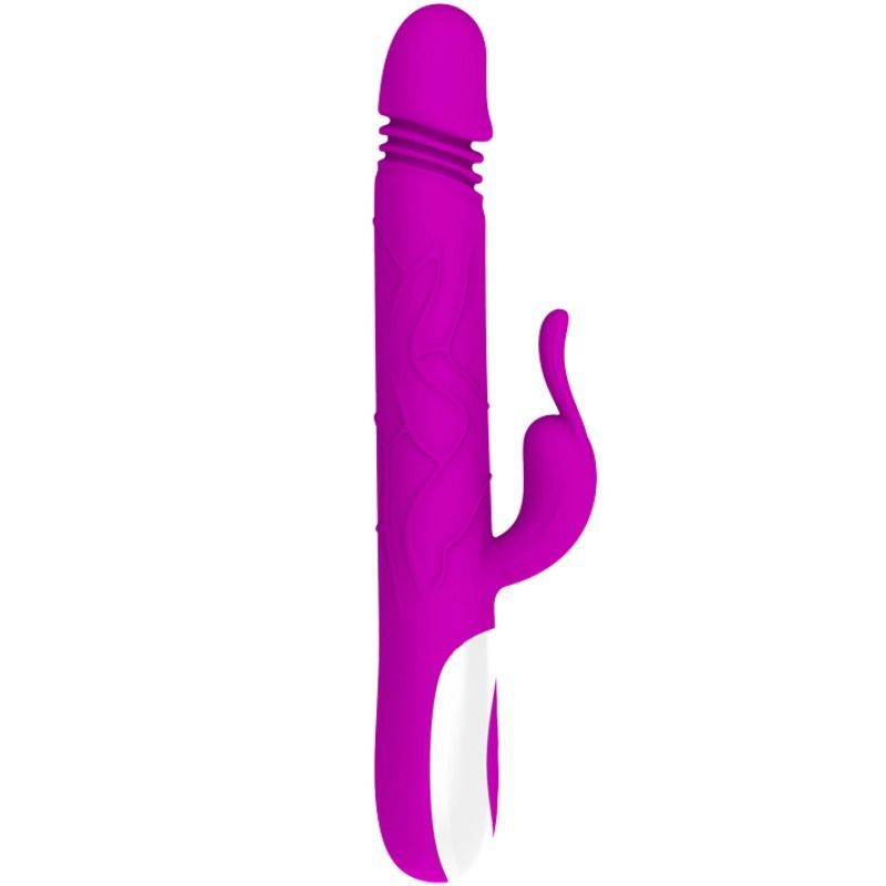 Lila Vibrator mit Drehfunktion. Mit Kaninchenohren-Design und Bedienfeld. Weißer Sockel mit drei Knöpfen.