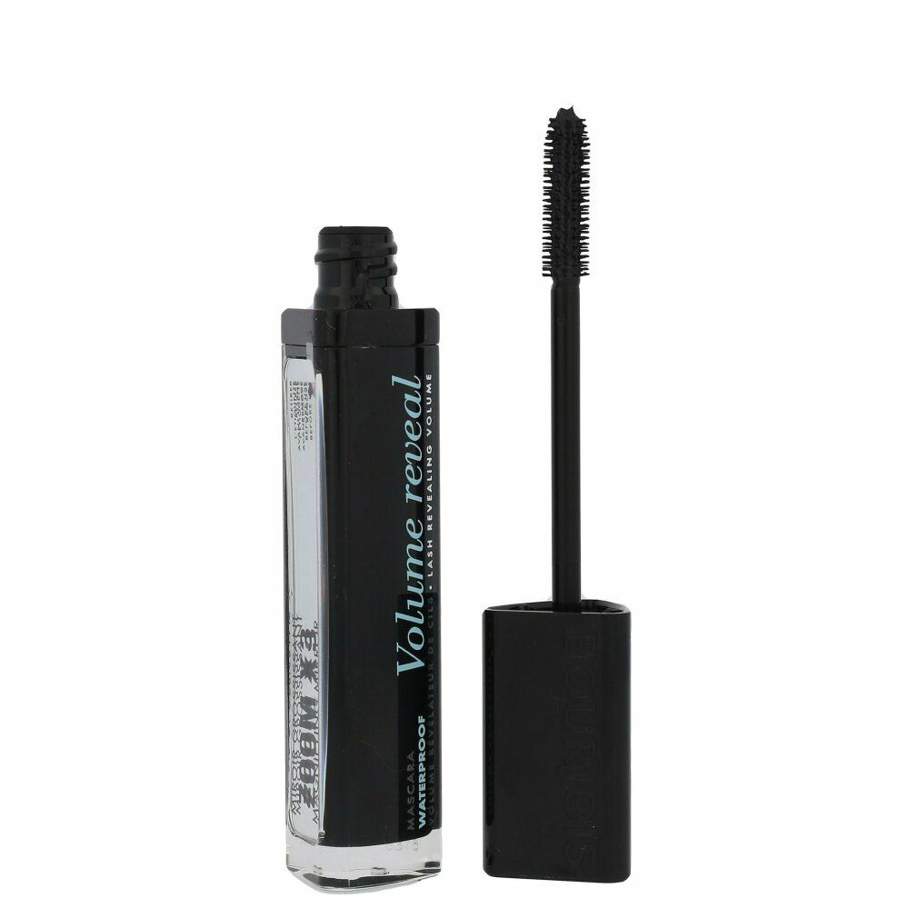 Geöffnete schwarze Mascara-Tube mit Bürste. Text: Volume Reveal, Waterproof.