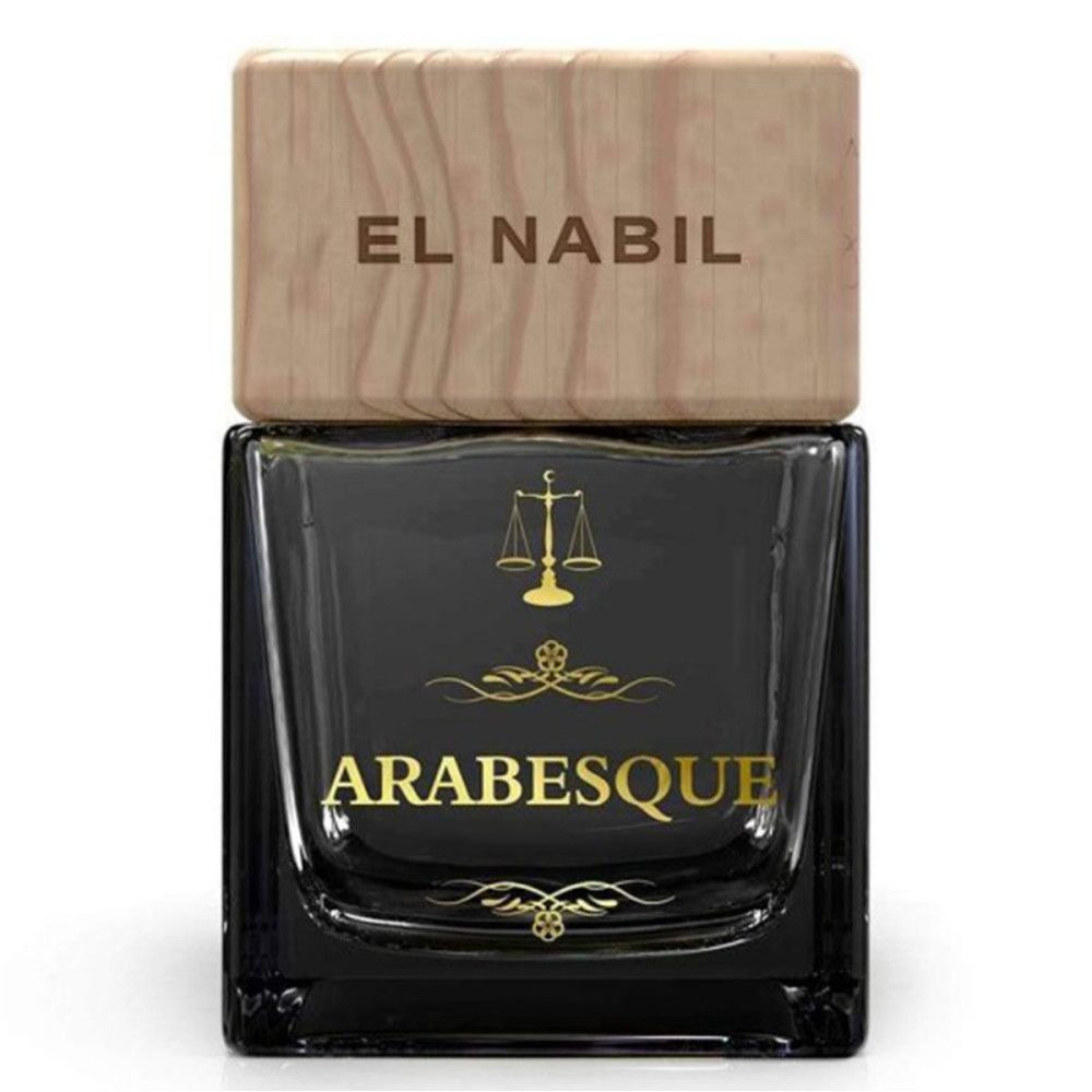 Schwarzer Flakon mit Holzdeckel. Goldfarbener Schriftzug "EL NABIL" und "ARABESQUE". Dekorative Elemente.