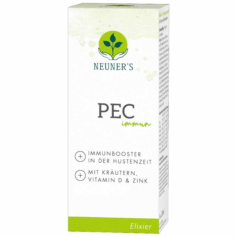 Weiße Produktverpackung mit Logo und Schriftzug. Enthält PEC immun, Immunbooster, Kräuter, Vitamin D & Zink. Elixier.