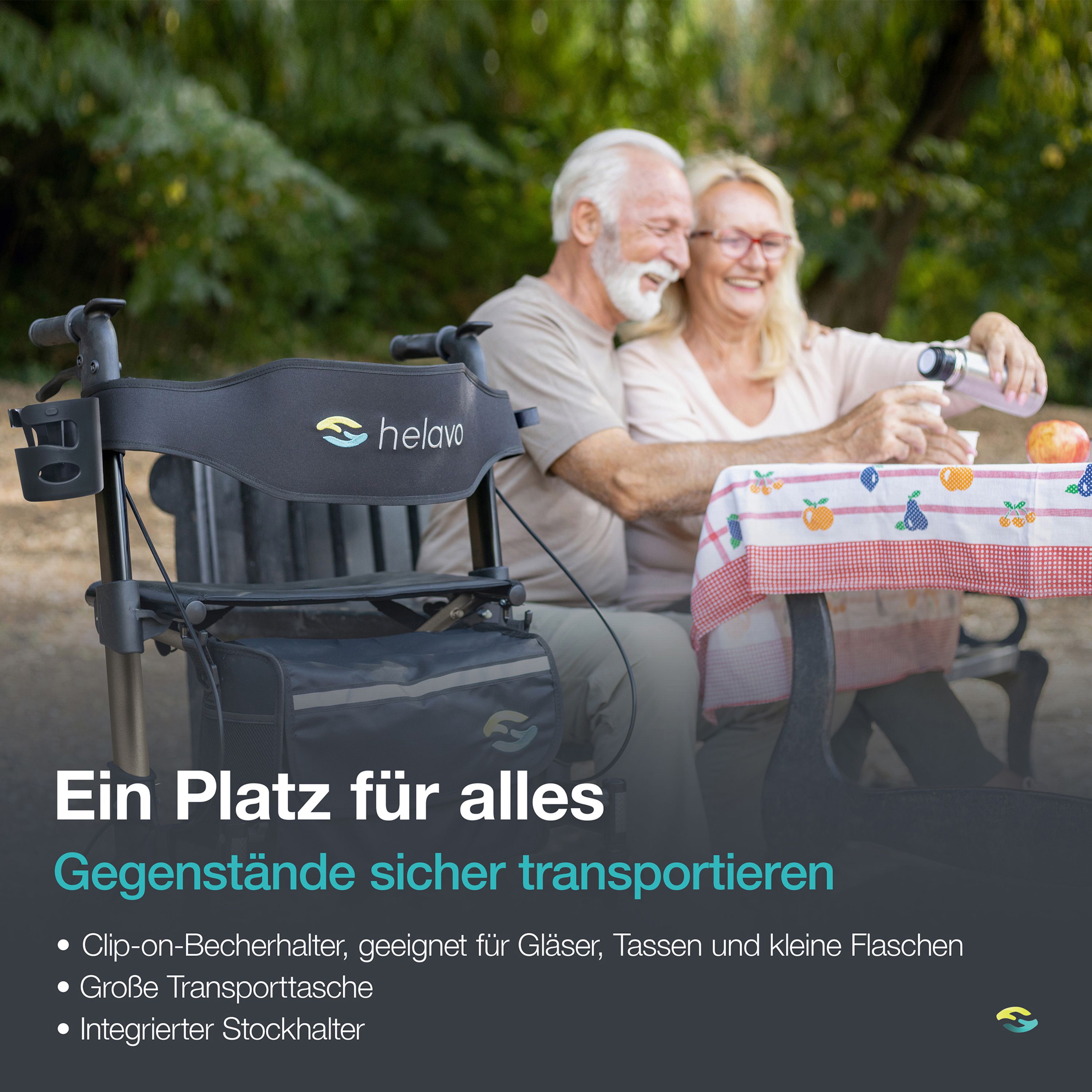 Helavo Outdoor Rollator mit Luftbereifung faltbar mit Sitz und Rueckenlehne
