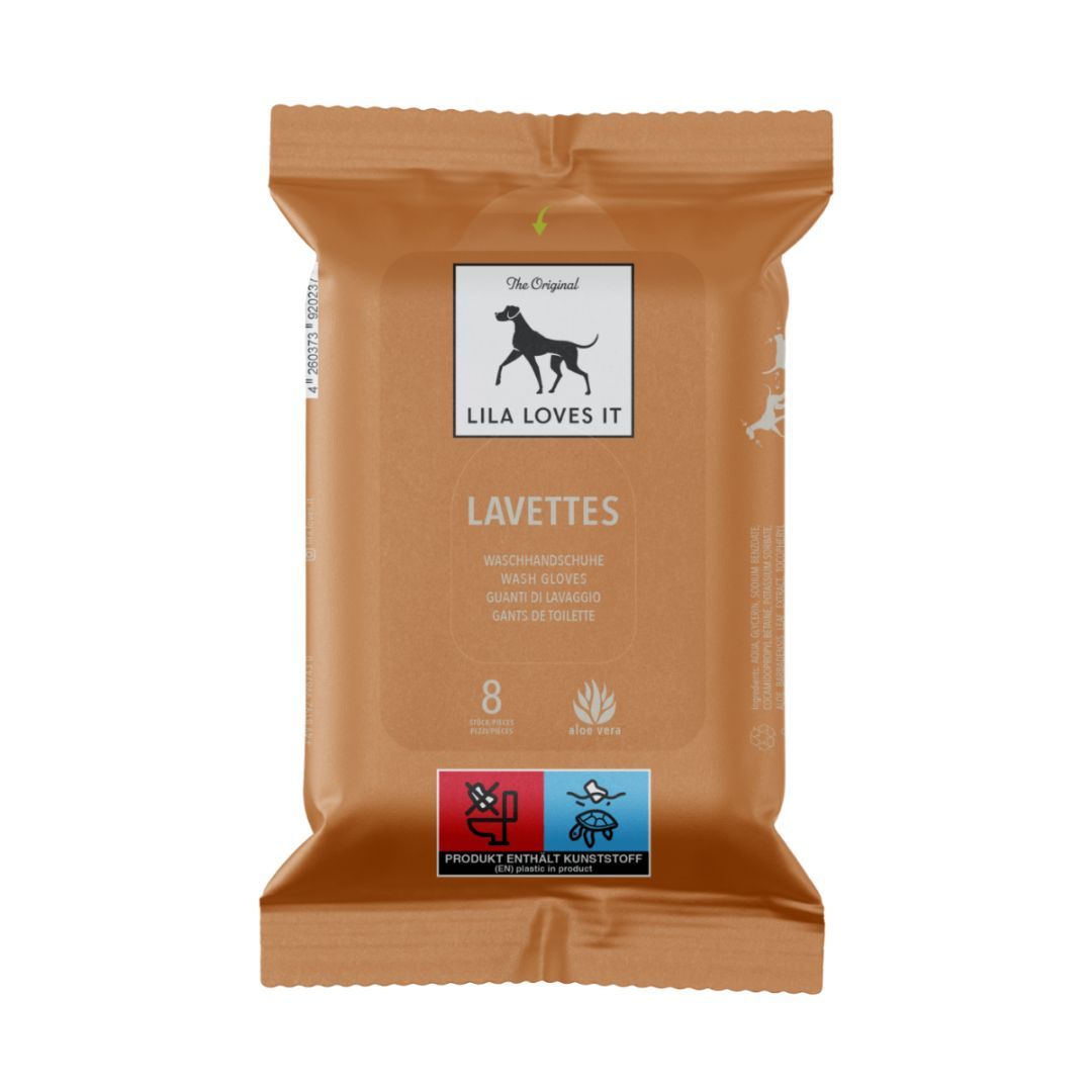 Verpackung mit Waschhandschuhen. Marke: LILA LOVES IT. Text: LAVETTES, 8 Stück. Siegel: Produkt enthält Kunststoffe.