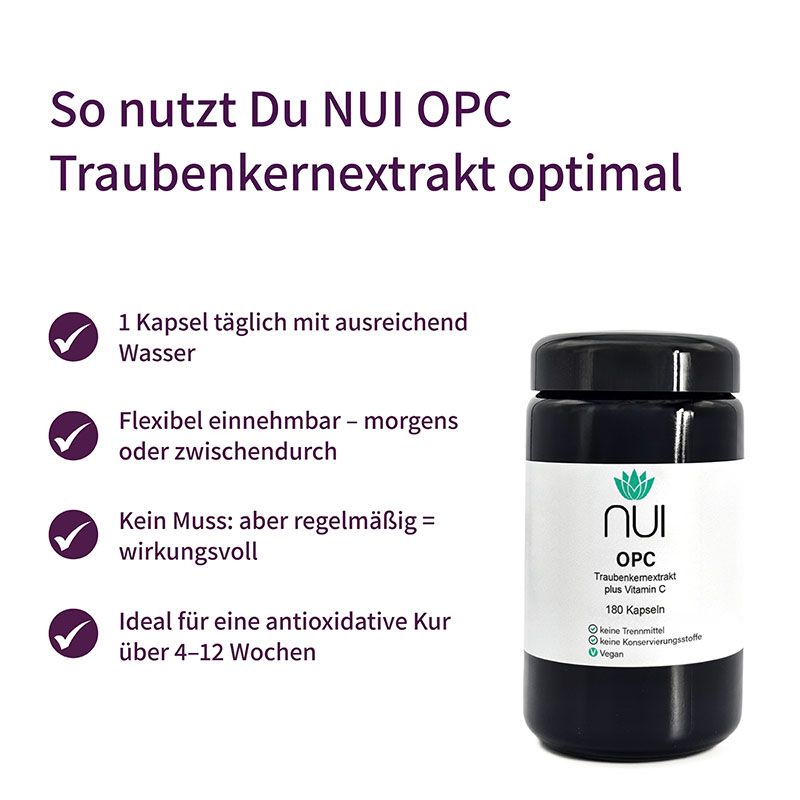 Eine Flasche NUI OPC Traubenkernextrakt. Schwarzer Deckel, weißes Etikett mit Logo und Produktinformationen. 180 Kapseln.