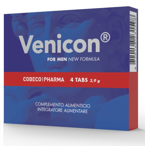 Blau-rote Schachtel mit "Venicon"-Schriftzug. Enthält 4 Tabletten. "COBECO PHARMA" und "FOR MEN NEW FORMULA" sind ebenfalls aufgedruckt.