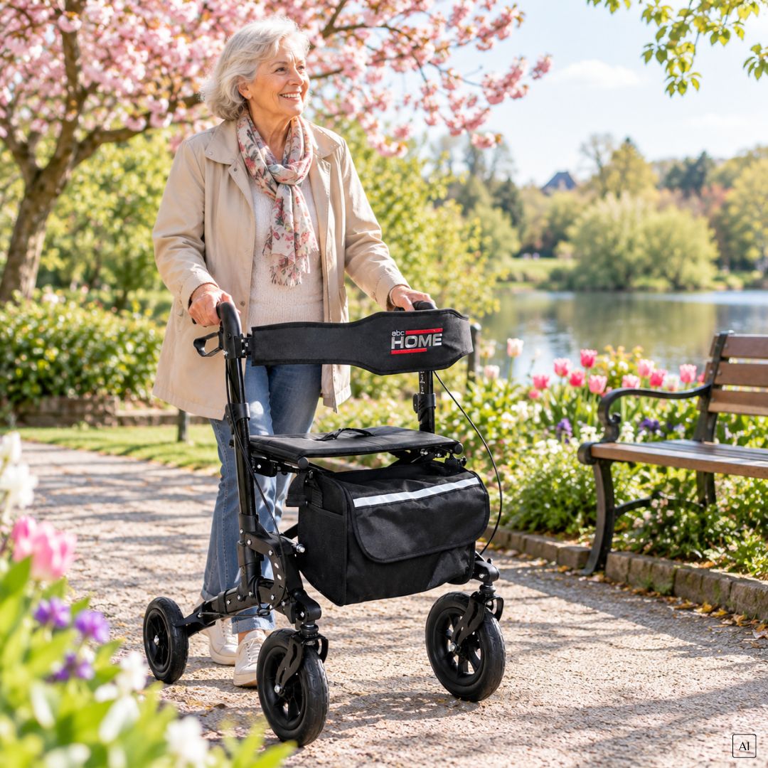 Ältere Frau mit Rollator mit Sitz und Tasche im Frühling.