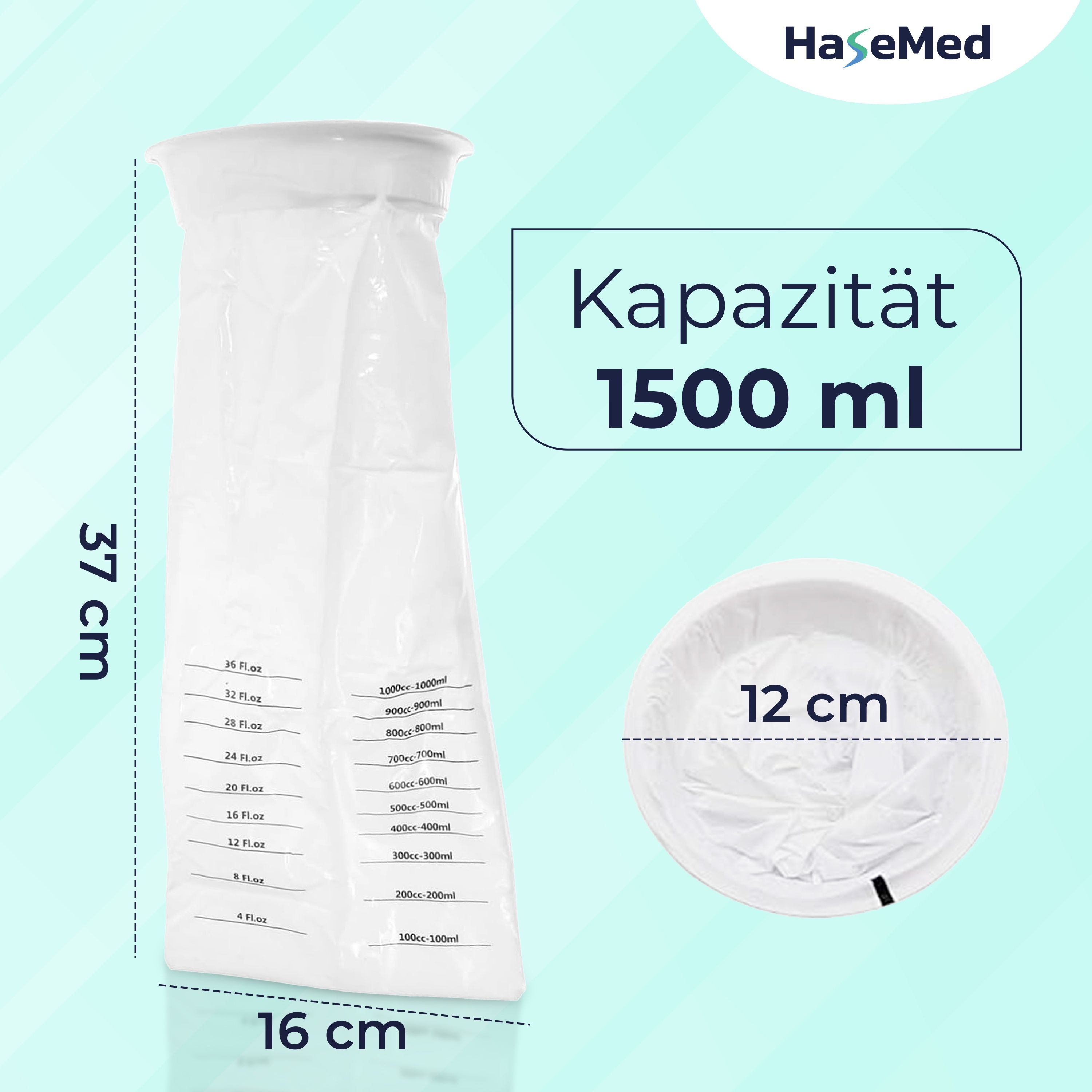 Spuckbeutel mit Mundstück. Kapazität 1500 ml. Maße: 37 cm hoch, 16 cm breit, Mundstück 12 cm.