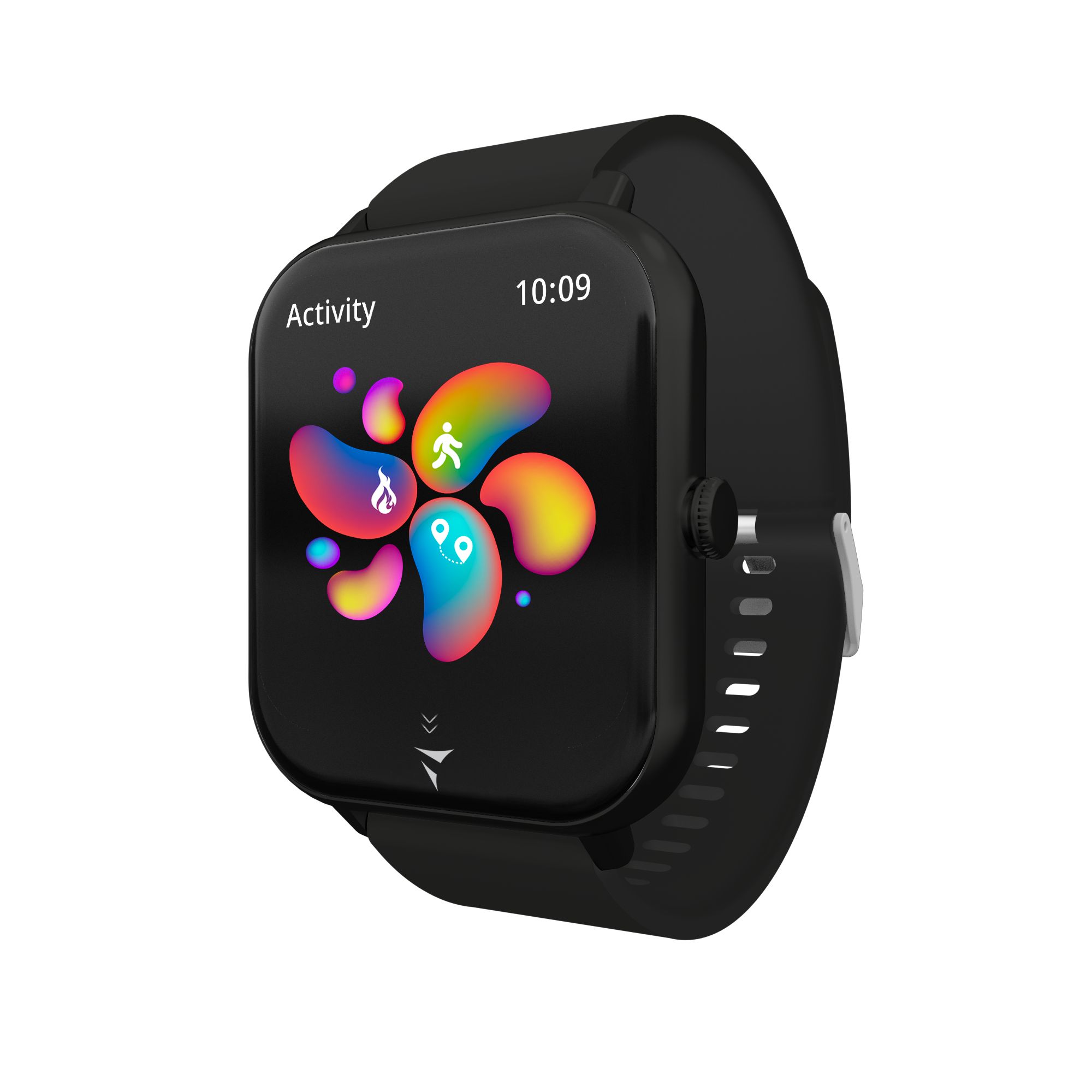 Lo smartwatch Techmade Vision Revolution mostra i dati dell'attività sullo schermo nero. Il quadrante presenta icone colorate per varie attività, tra cui la corsa e il fuoco. L'orologio ha un cinturino nero e un pulsante laterale.
