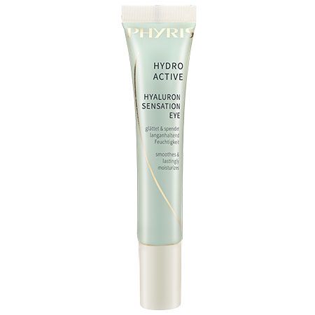 Tube mit "PHYRIS HYDRO ACTIVE HYALURON SENSATION EYE". Hellgrün, weißer Deckel. Text: glättet & spendet langanhaltend Feuchtigkeit, smoothes & lastingly moisturizes.