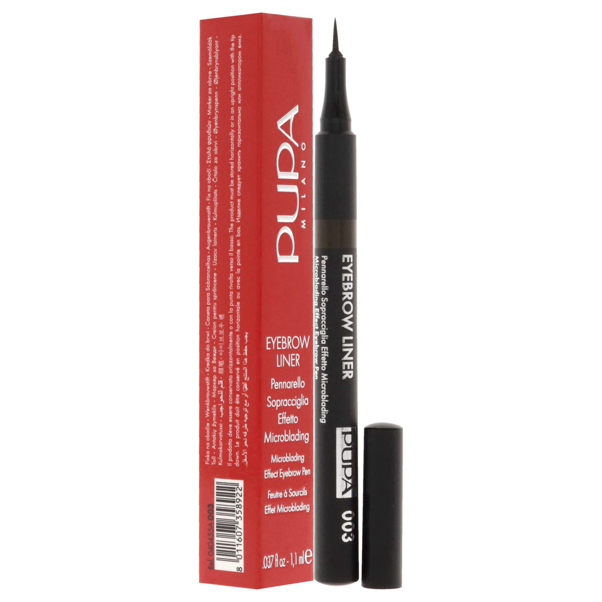 Pupa Eyebrow Liner 003 braun, Stift mit Kappe und roter Verpackung.