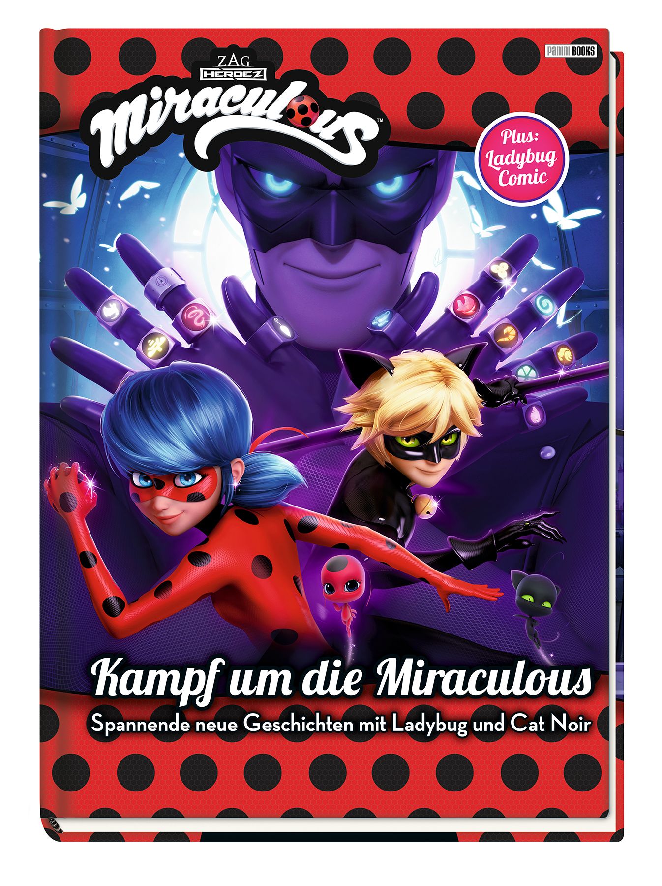 Buchcover mit Ladybug und Cat Noir. Titel: Kampf um die Miraculous. Schwarzer Hintergrund mit roten Punkten und Illustrationen.