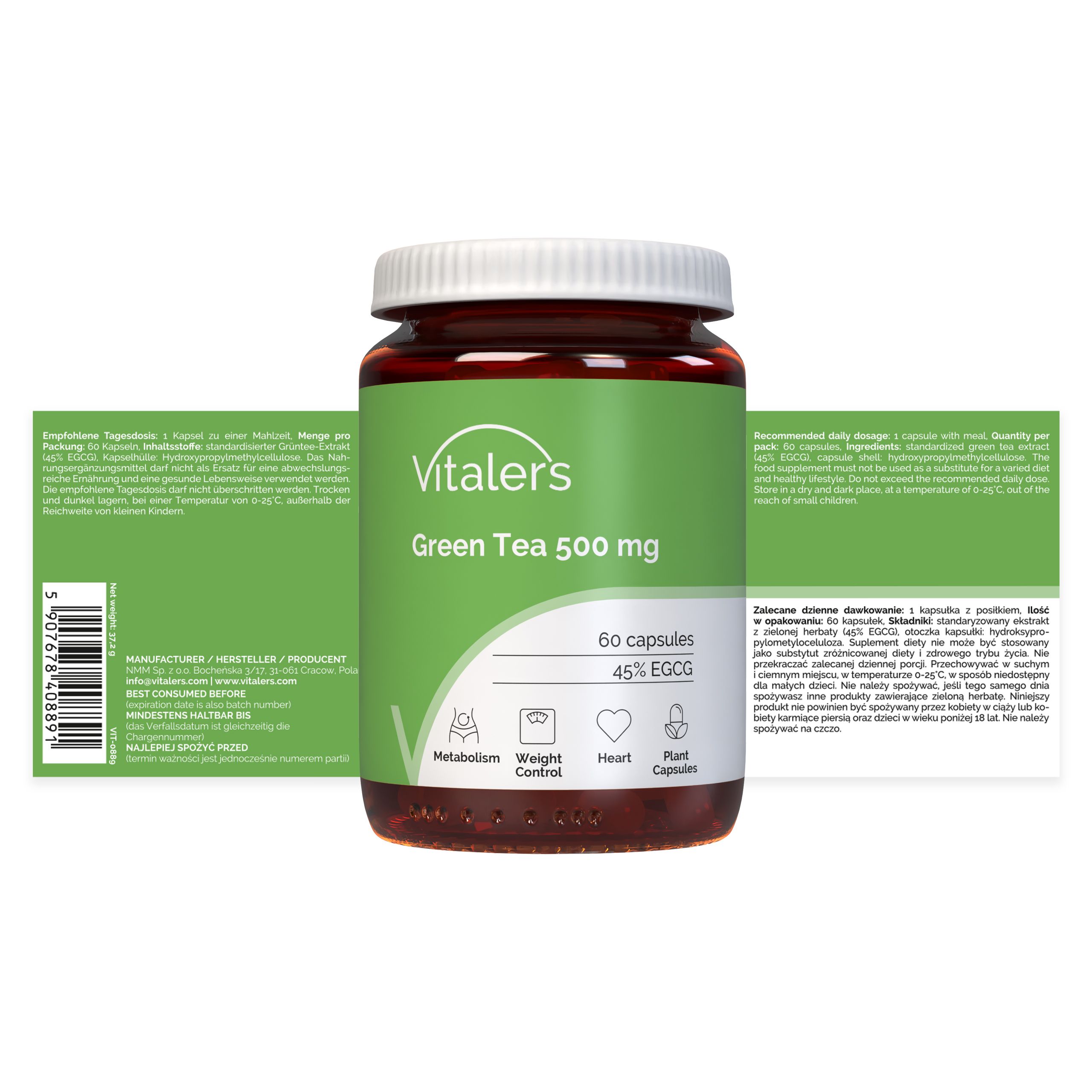 Vitaler's Green Tea 500 mg Kapselbehälter und Verpackung. 60 Kapseln, 45% EGCG. Symbole für Stoffwechsel, Gewichtskontrolle, Herz.