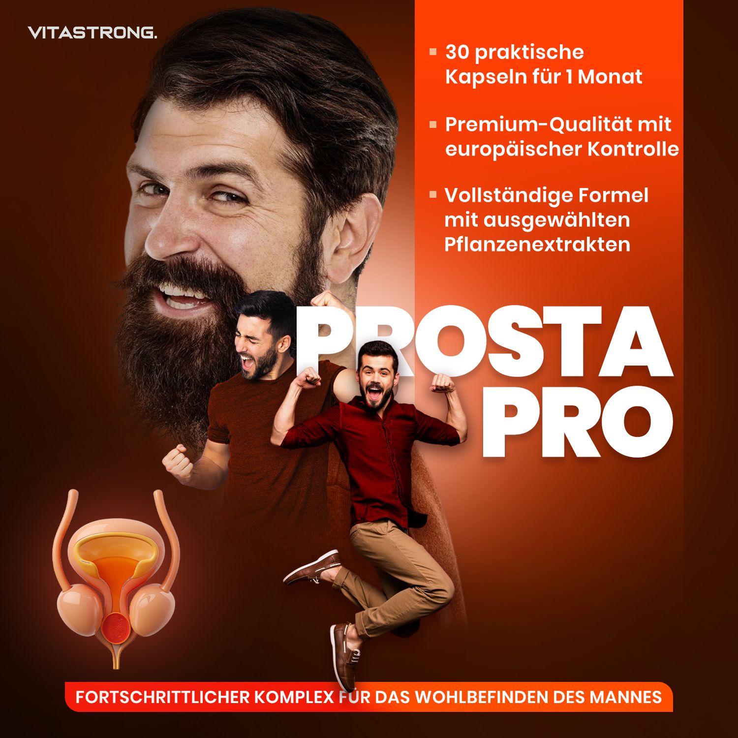 Vitastrong Prosta Pro. Mann mit Bart und jubelnde Männer. Text: 30 Kapseln, Premium-Qualität, botanische Extrakte.