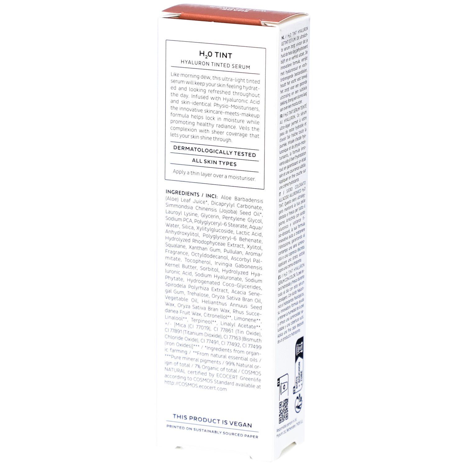 Produktverpackung mit Text in englischer Sprache. Aufschrift: MÁDARA, H2O TINT, Hyaluron Tinted Serum, Shade: Wild Flower. 30ml.